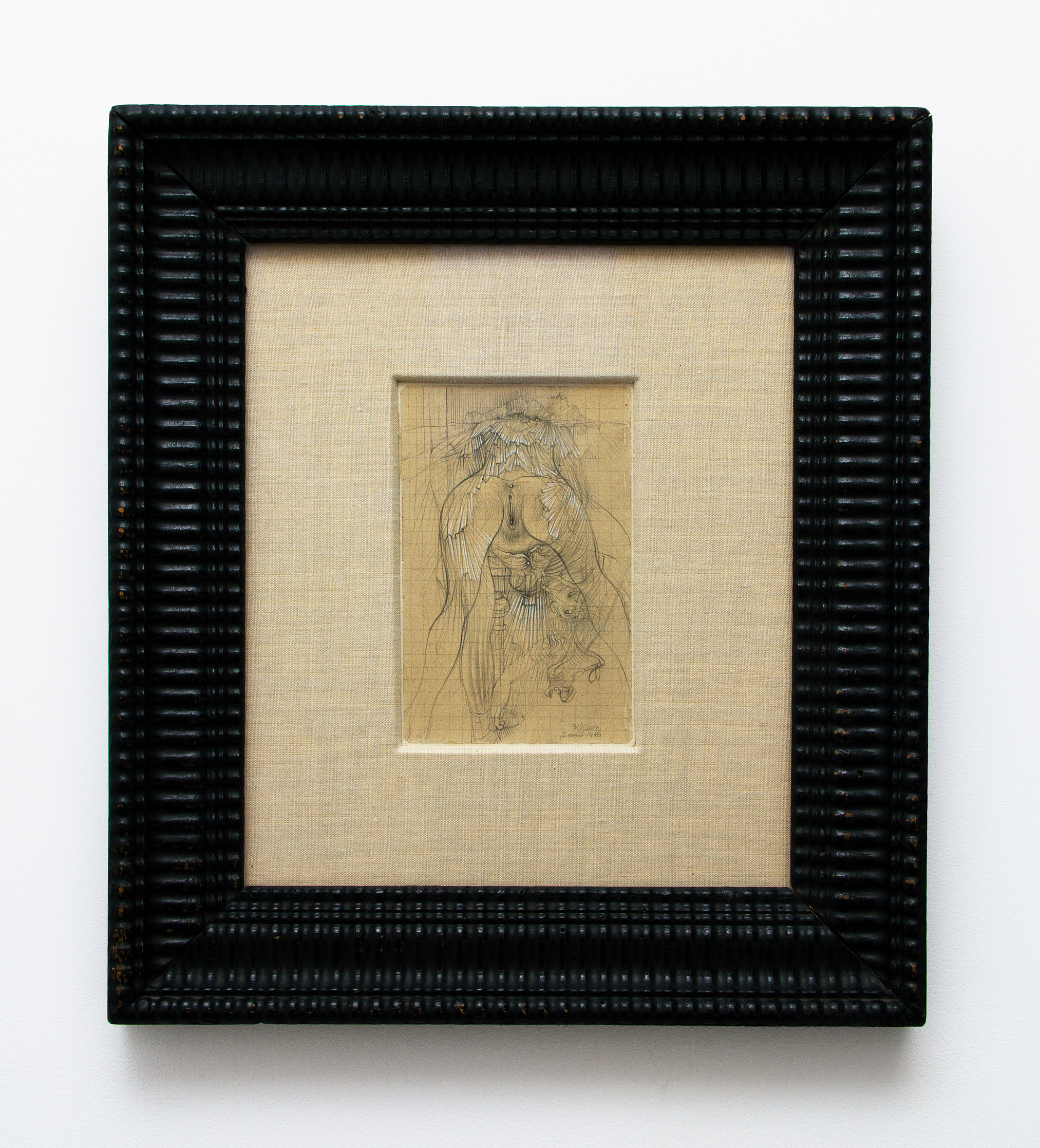 Hans Bellmer, Untitled, 1946, graphite and white gouache on paper, 5.5h x 3.63w in.
