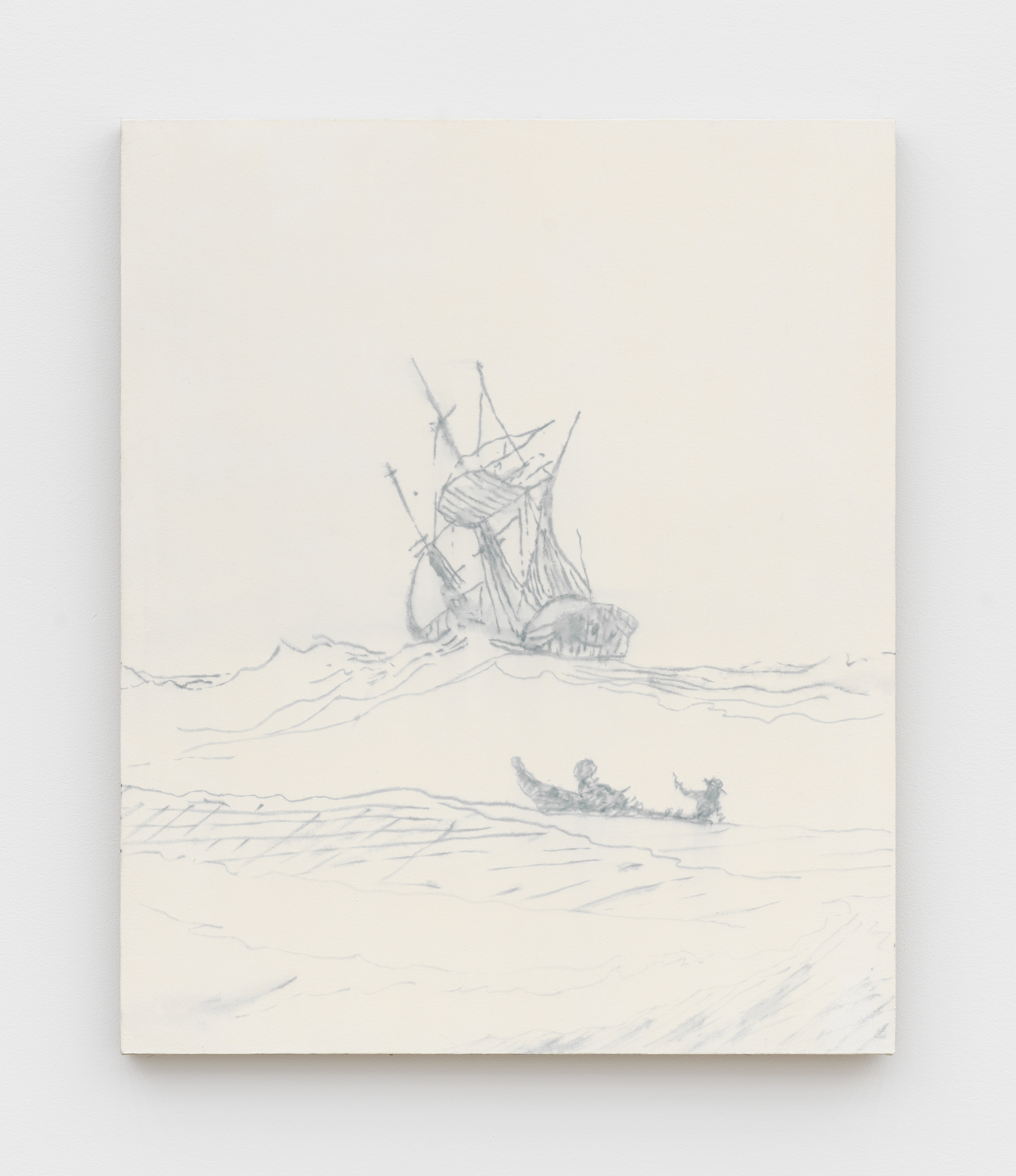 Alex Kwartler, At sea, 2025, Ink, rhoplex and plaster on linen, 24 x 20 in.