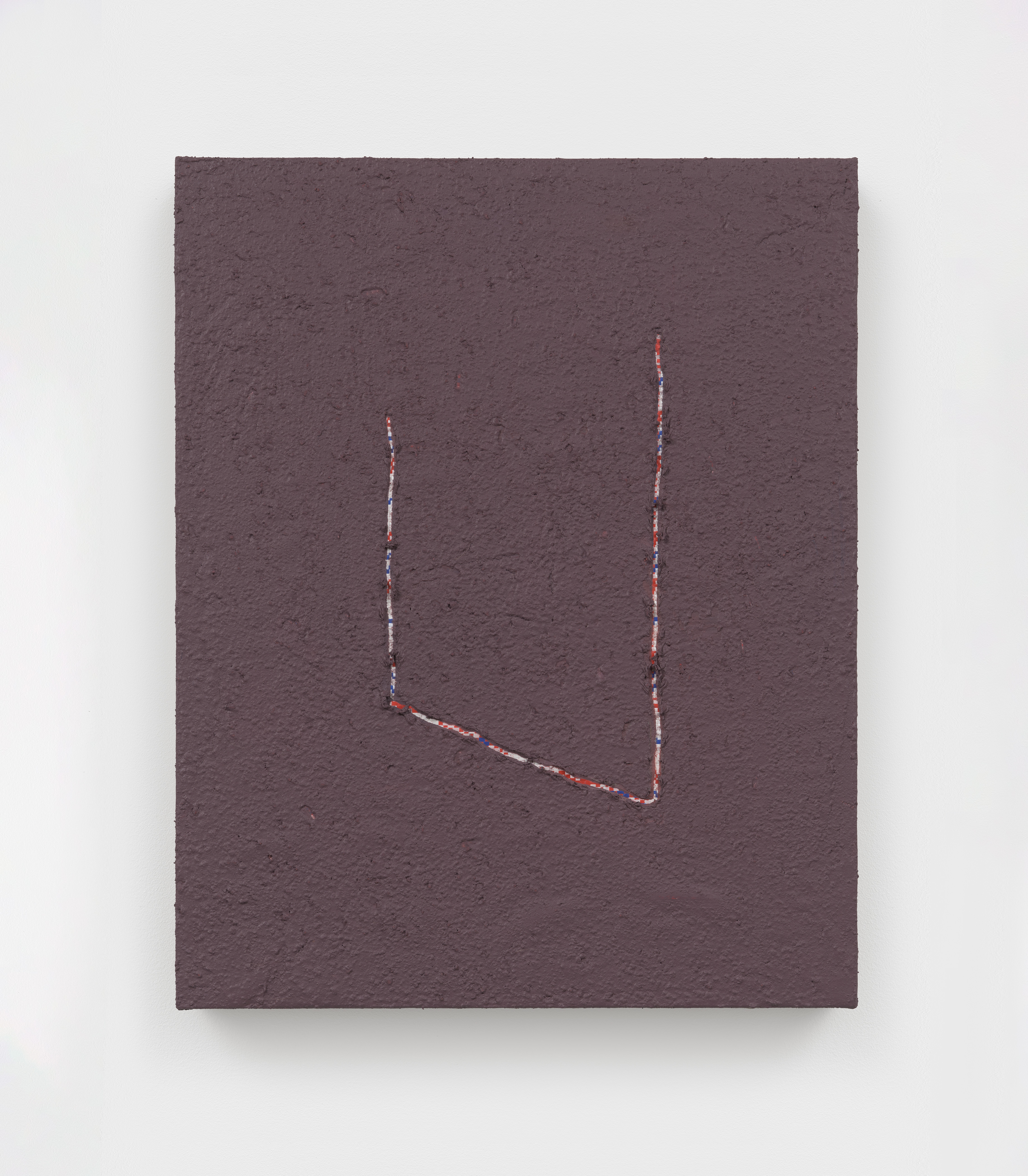 Alex Kwartler, Folkways ii, 2025, Acrylic and ash on polypropylene bag and linen, 20 x 16 in.