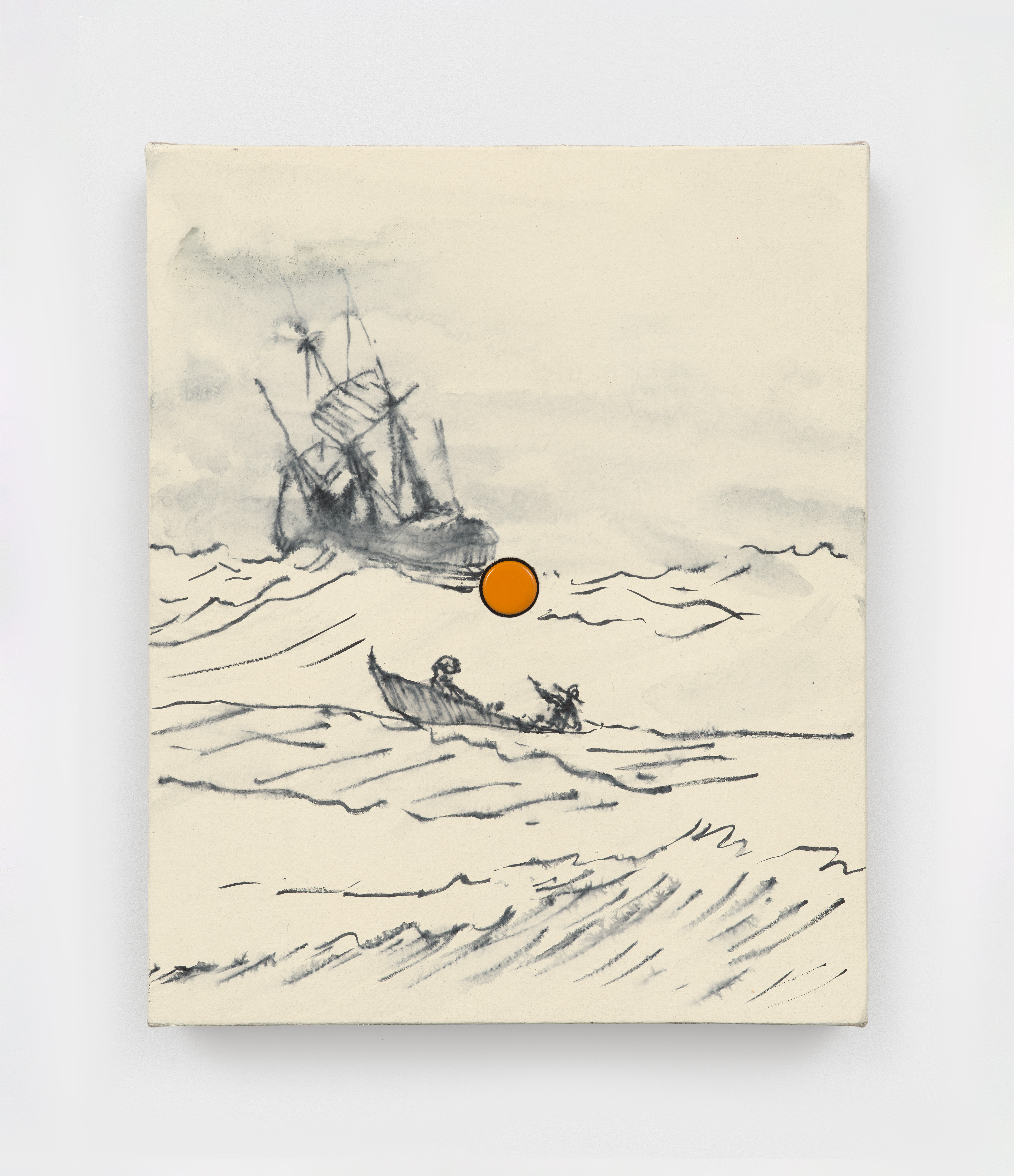 Alex Kwartler, At sea (with bottle cap), 2025, Ink, rhoplex and plaster on linen with bottle cap, 11 3/4 x 9 3/4 in.
