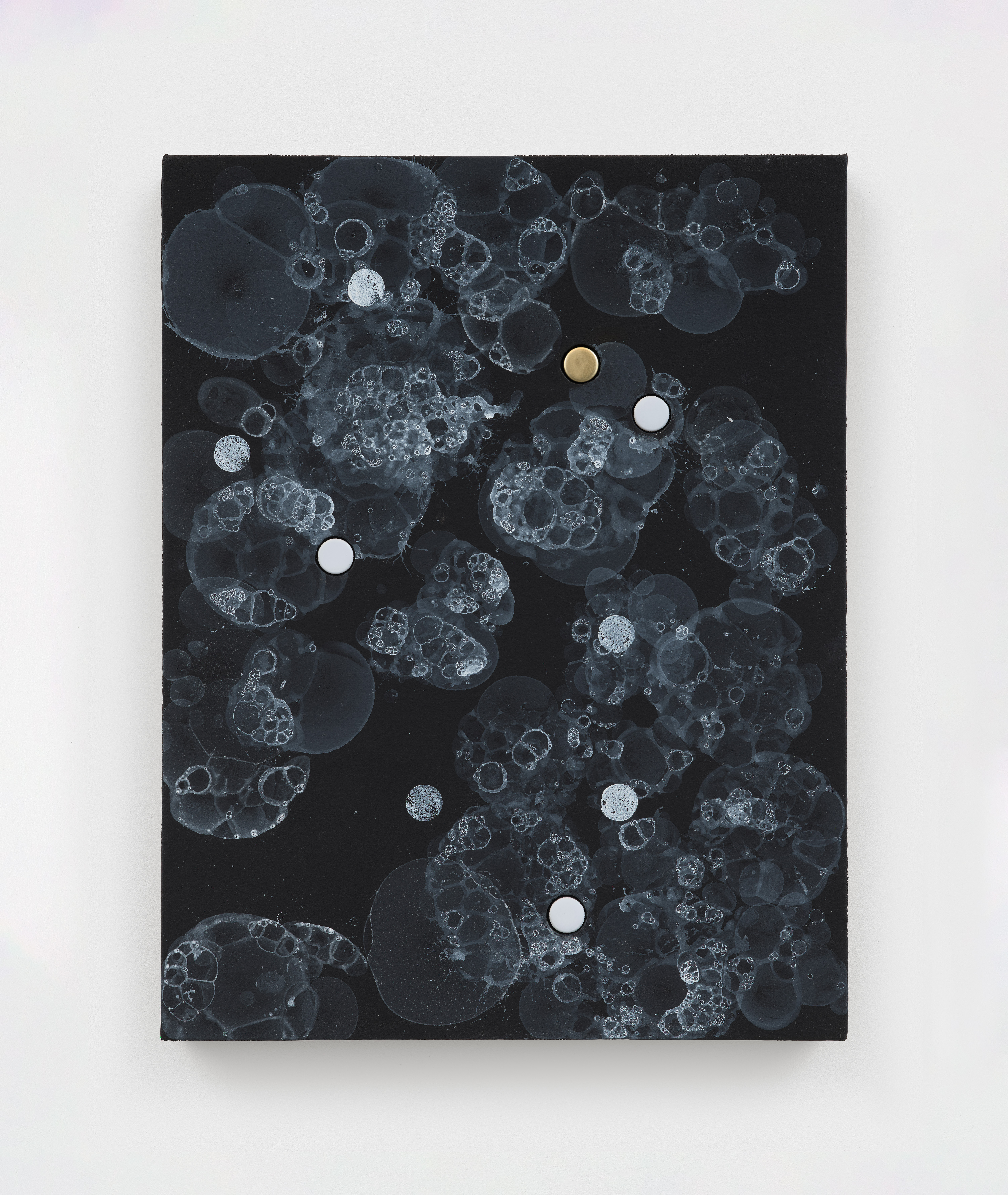 Alex Kwartler, Bubbles, 2025, Acrylic on linen with bottle caps, 18 x 14 in.
