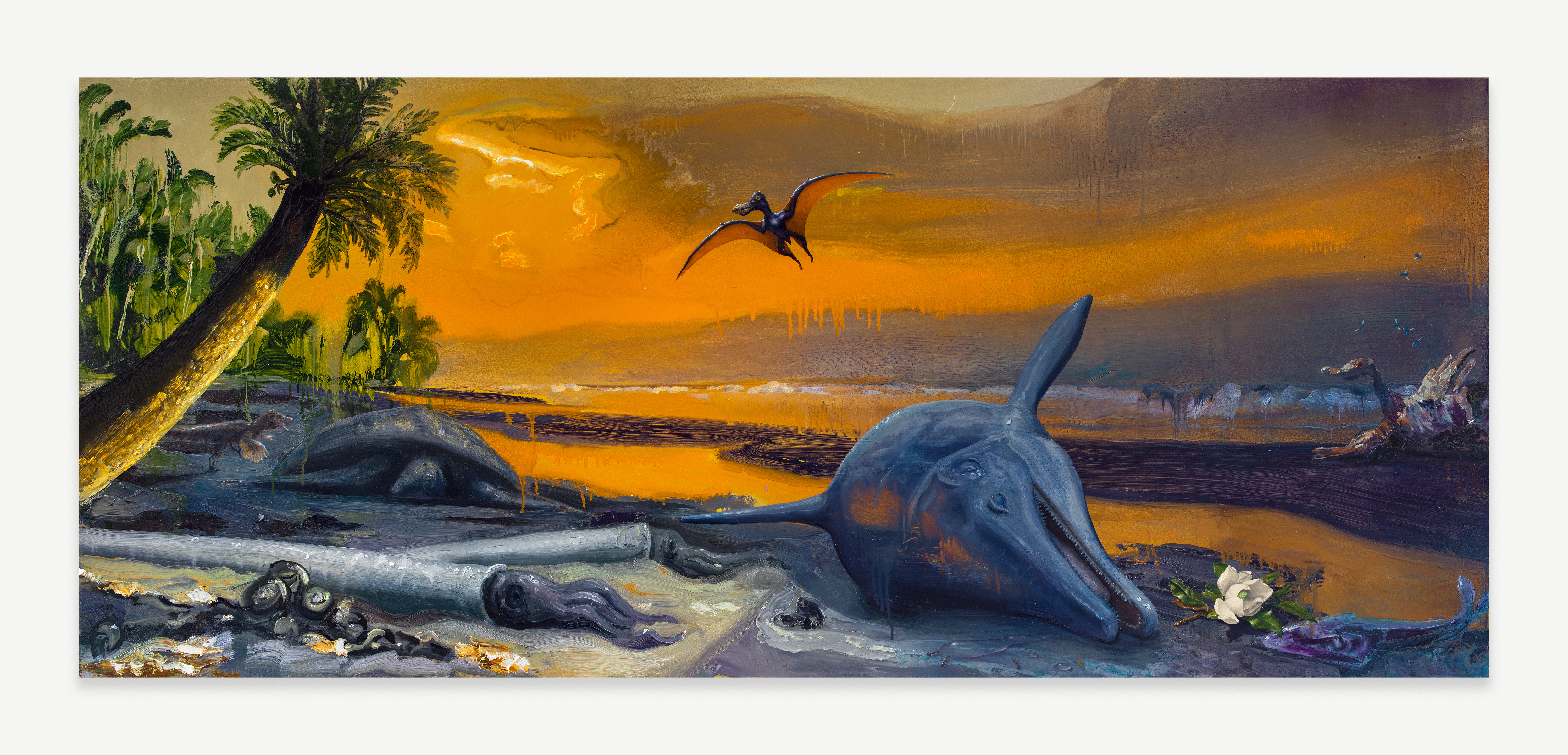 Alexis Rockman, The Fossil Record: Tethys Sea, 2024, Oil and cold wax on wood, 36 x 84 in.