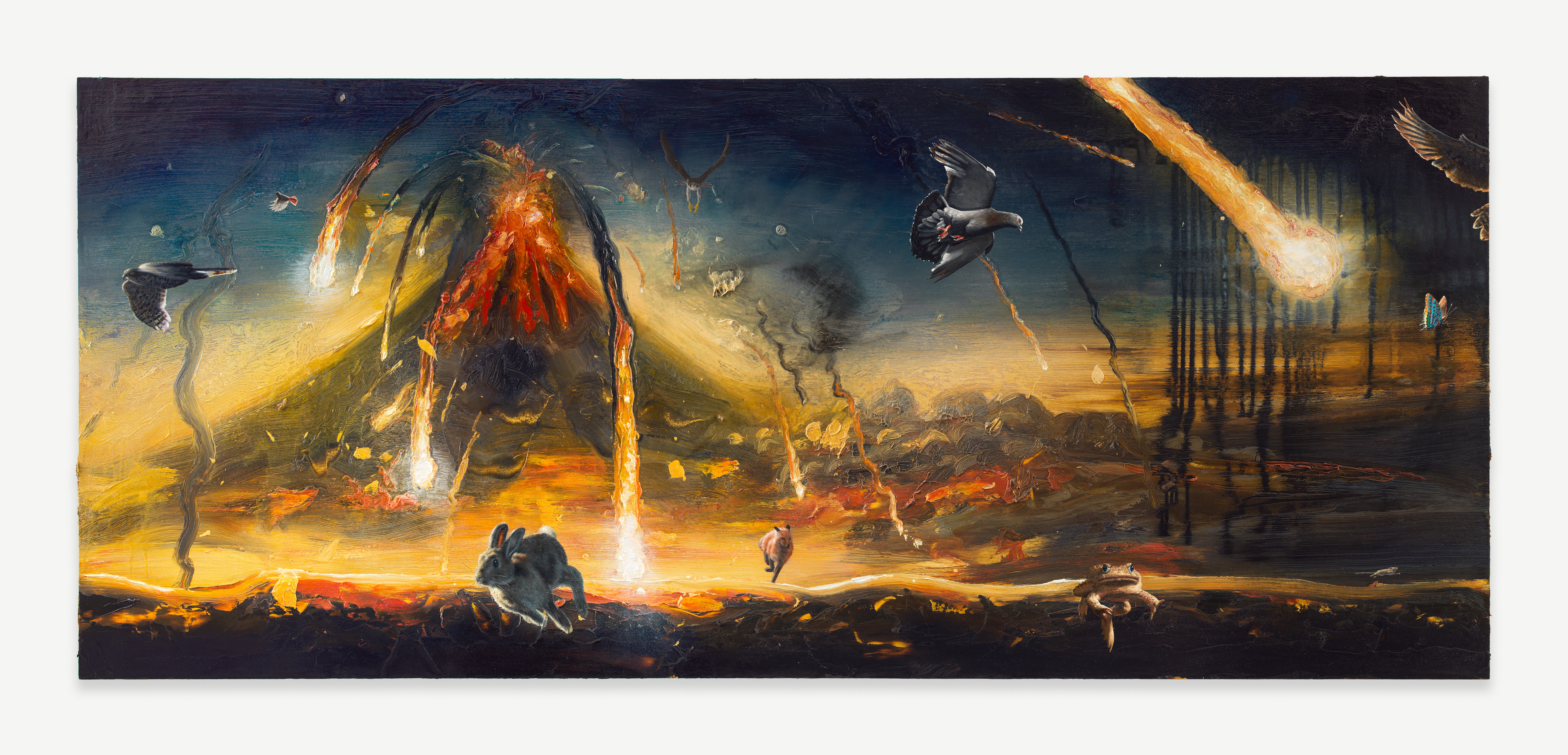 Alexis Rockman, Mt. Vesuvius, Autumn, 79 AD, 2024, Oil and cold wax on wood, 36 x 84 in.