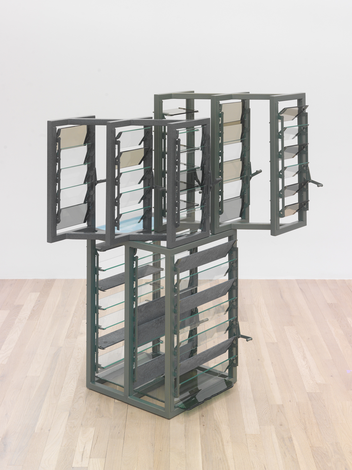 Anne Libby, Inner Echo (grey green), 2022, Powder coated steel and aluminum, glass, 49 1/2 x 37 x 30 in.