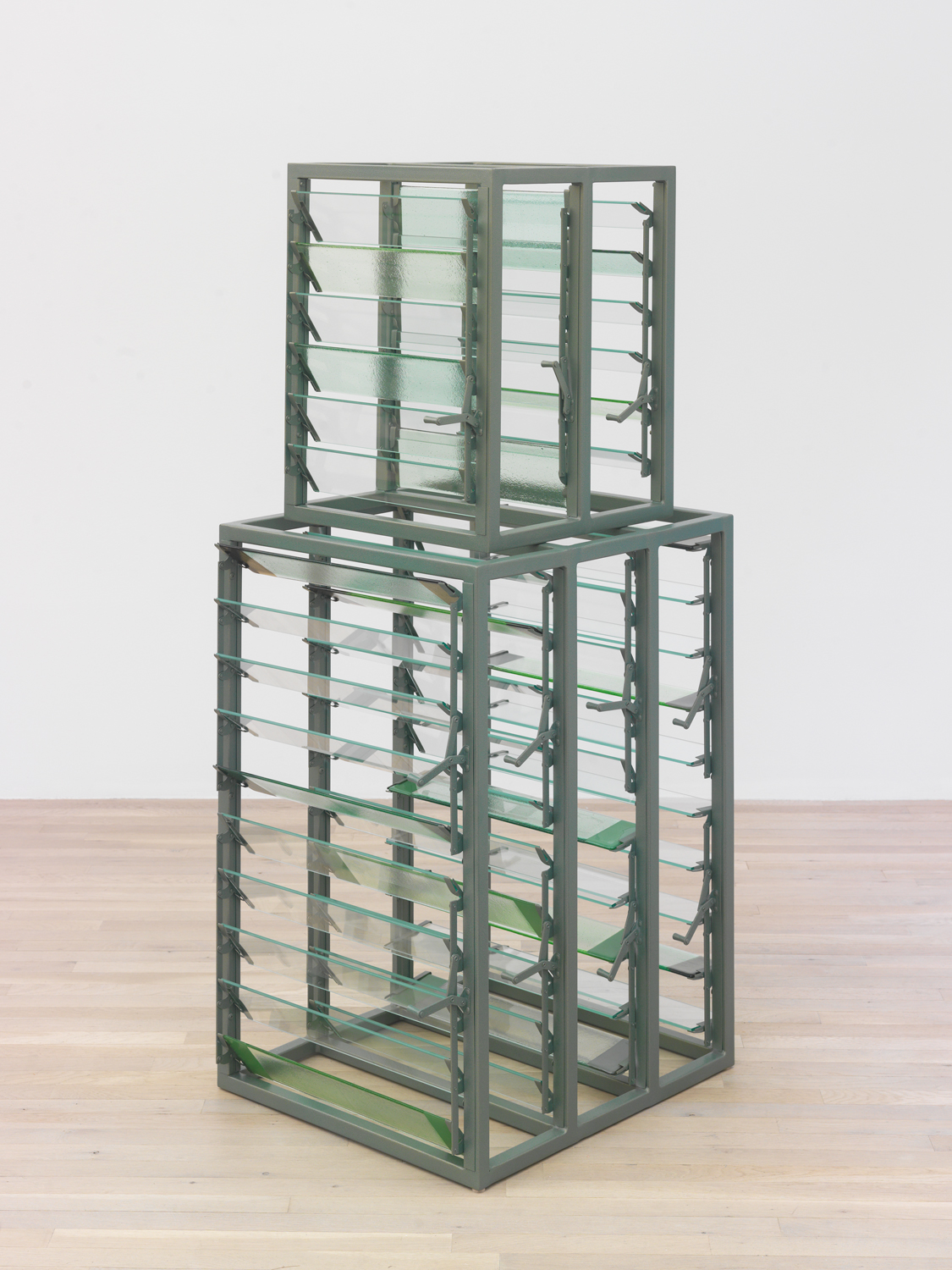 Anne Libby, Inner Echo (green), 2022, Powder coated steel and aluminum, glass, 59 x 22 1/2 x 30 in.