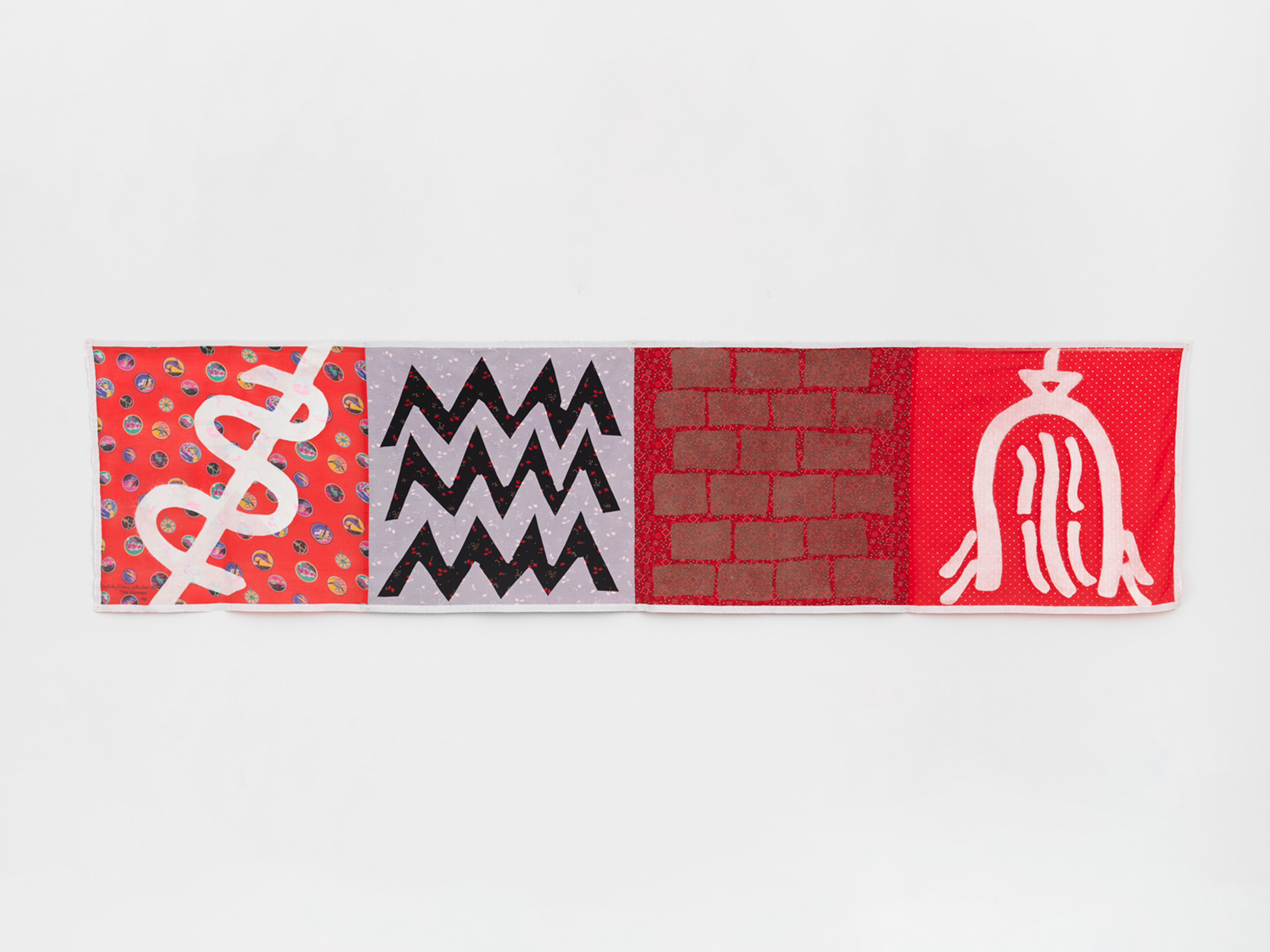 Tina Girouard, Conflicting Evidence, Water, Earth, Swamp, 1980, Fabric Workshop DNA-Icons panels with pigment on commercially printed fabrics, In collaboration with The Fabric Workshop and Museum, Philadelphia, 35 x 142 in.