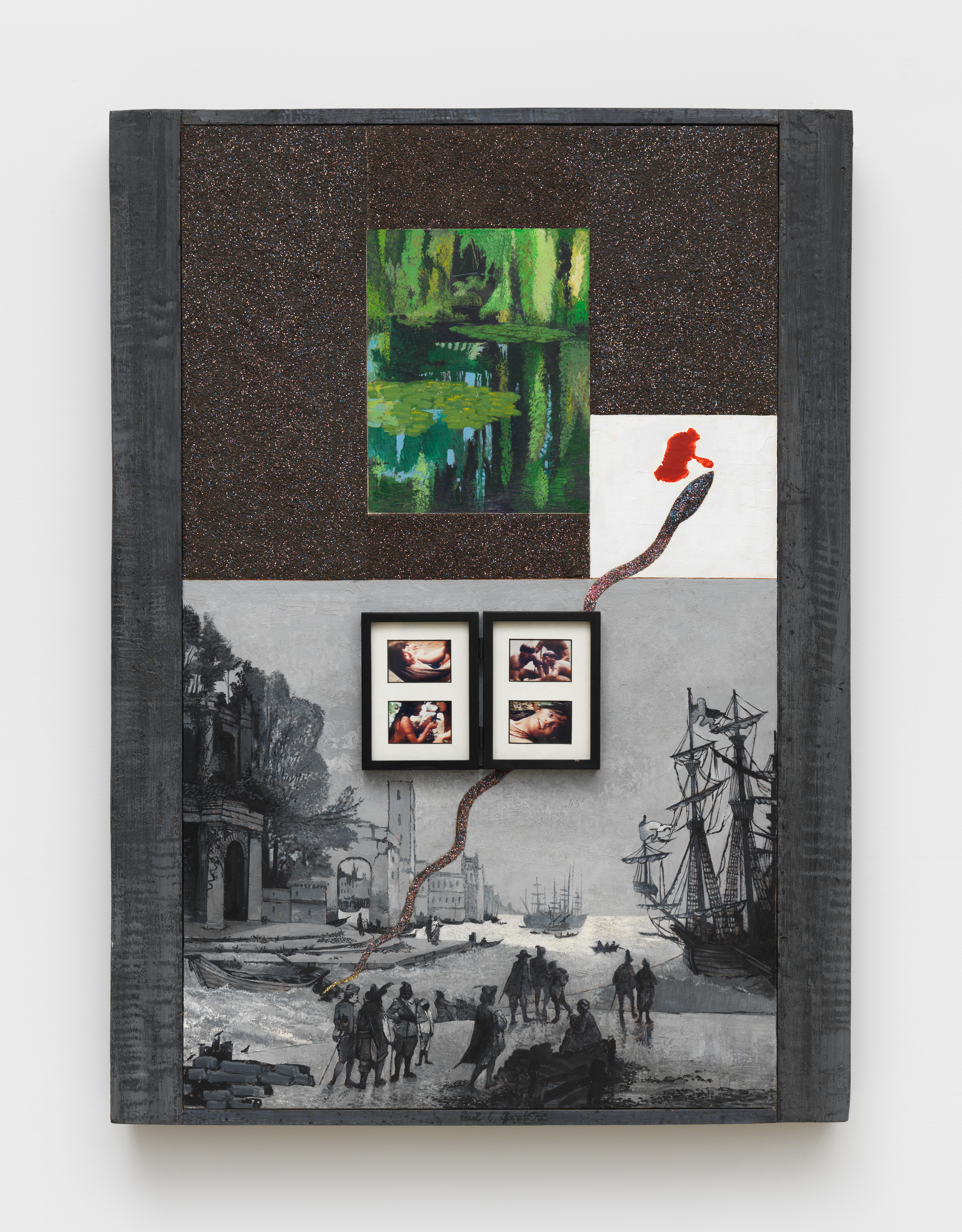 Paul Gardère, Exotic Garden, 1995, Acrylic, mud, glitter, and framed and matted C-prints on wood, 50 1/2 x 36 x 3 3/4 in.