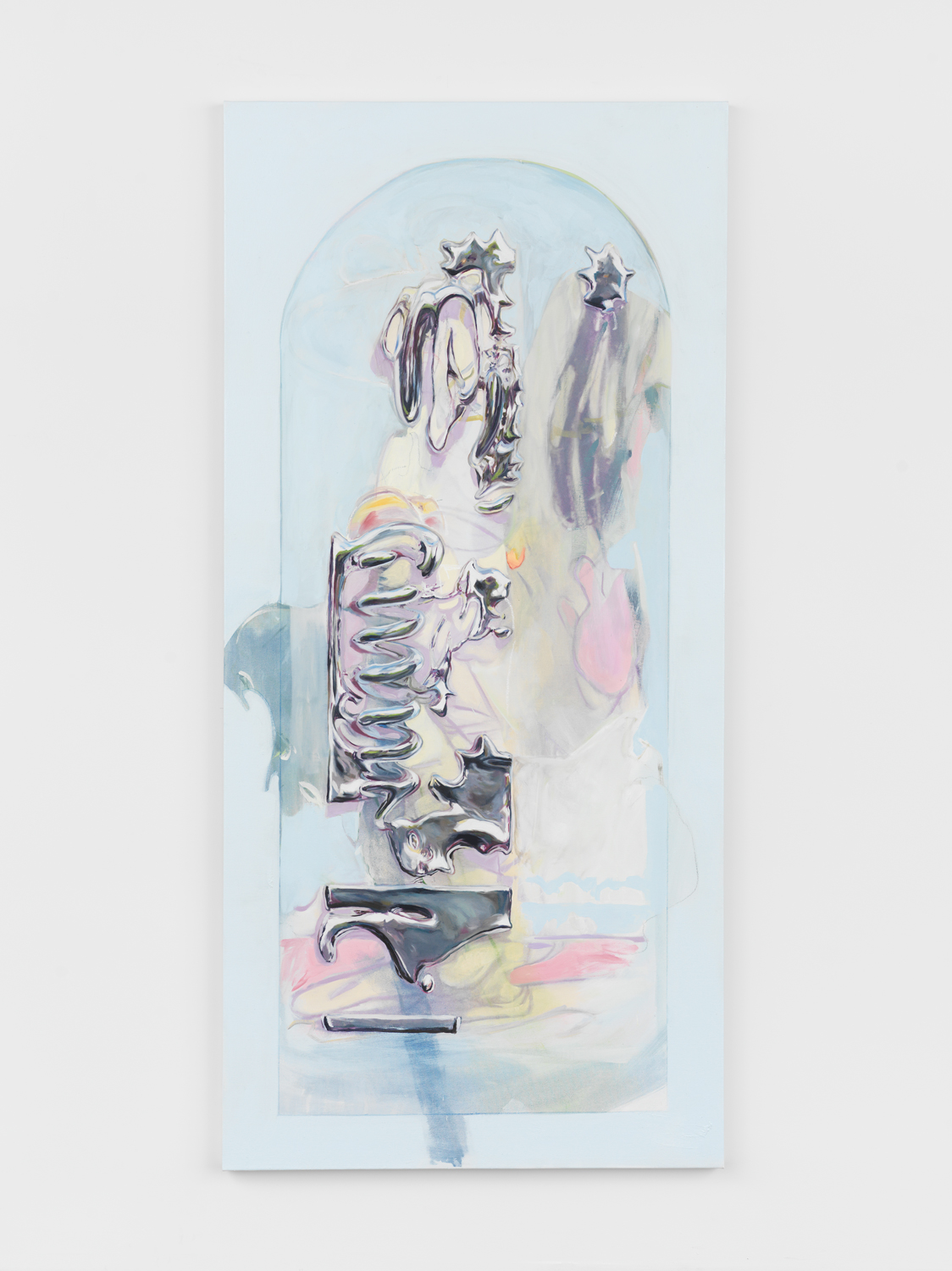 Rachel Rossin, Antidote: Harpy above Girl and Candle at Dusk., 2025, Oil paint, hand-mixed mineral pigments and marble dust on canvas, 85 x 40 in.