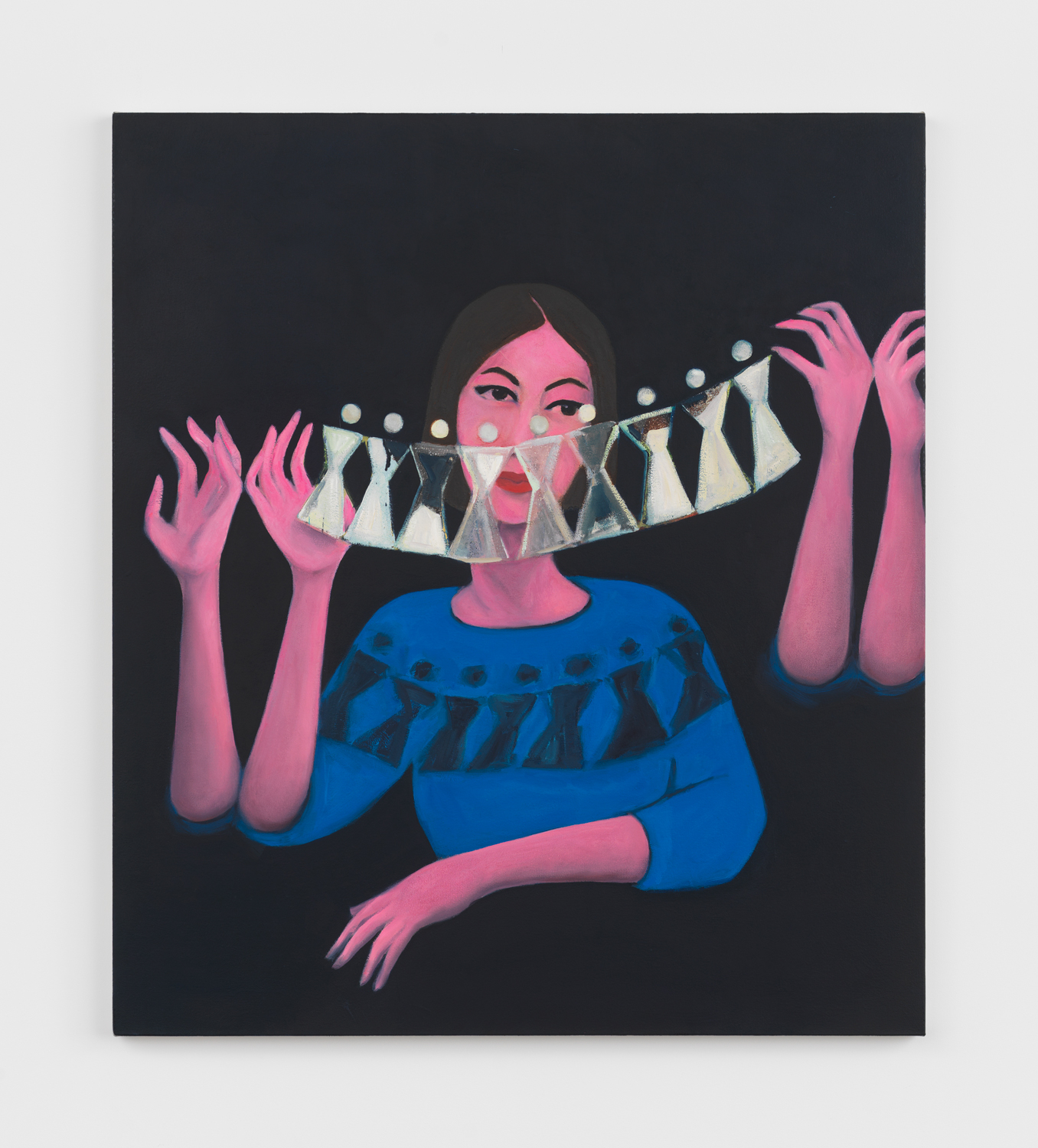 Becky Kolsrud, Paper Dolls, 2025, Oil on canvas, 50 x 44 in.