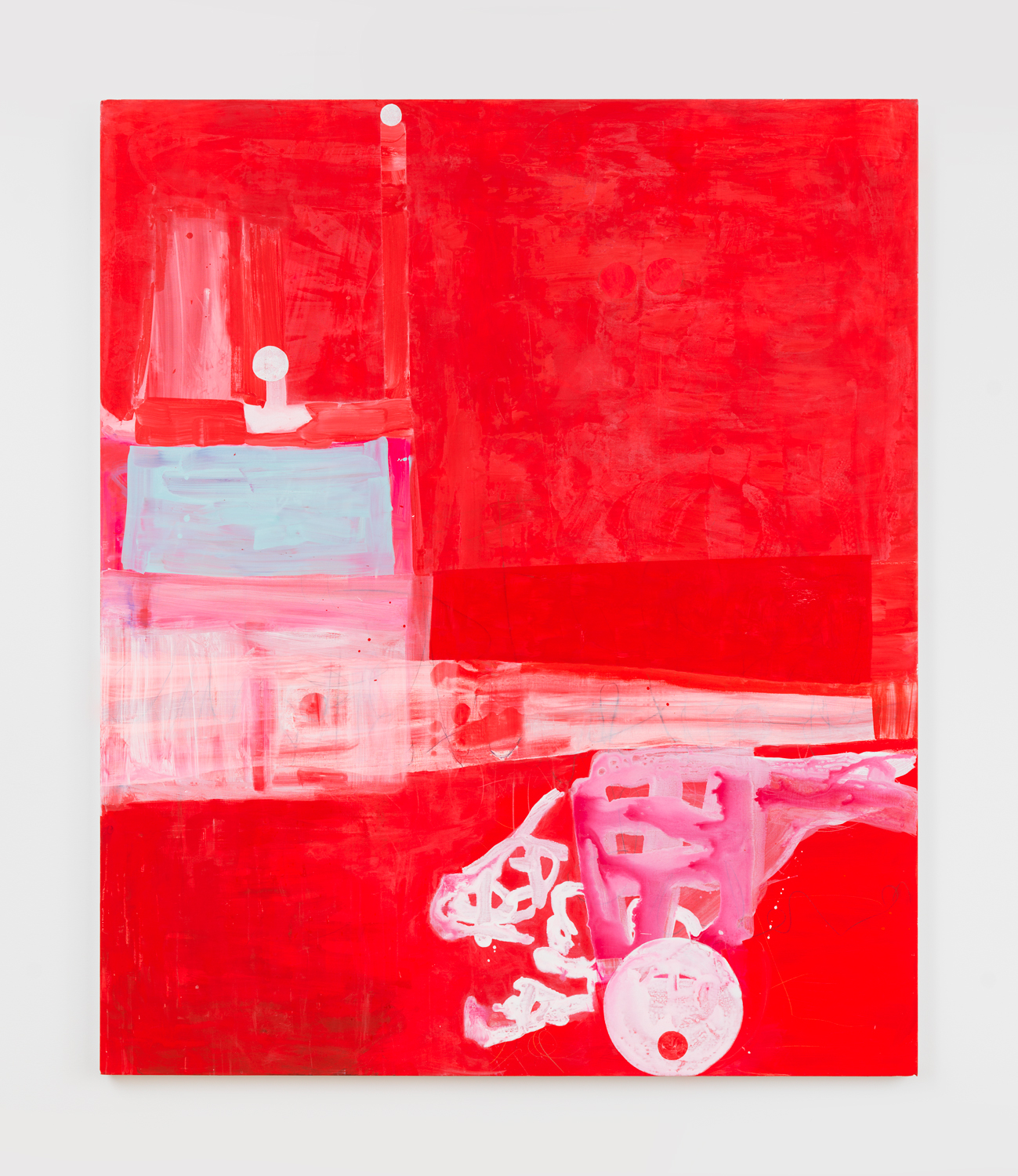 Janis Provisor, Mars Bars, 2025, Flashe, watercolor, water soluble oil, pencil, crayon, and marker on linen, 74 x 62 in.