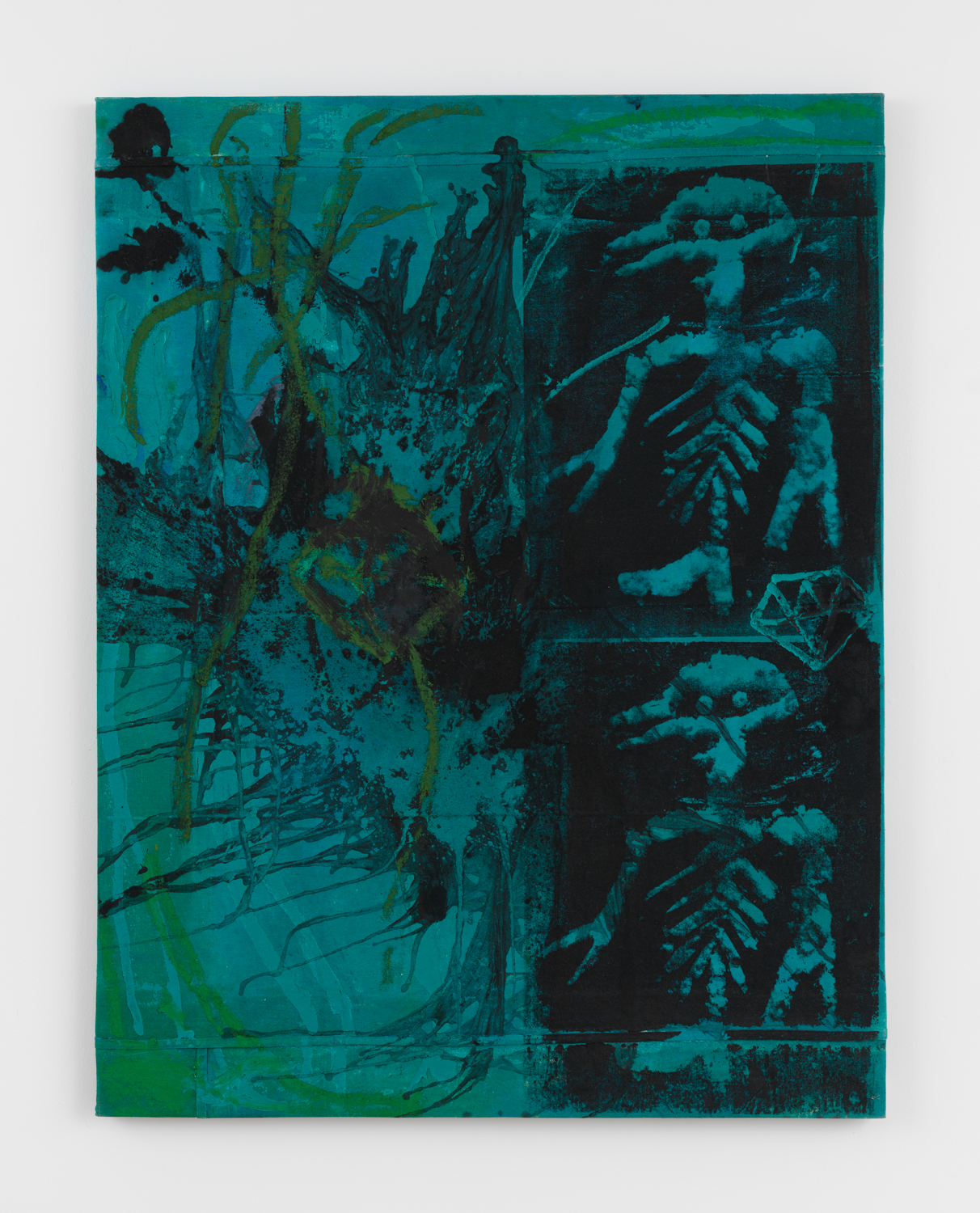 Bill Saylor, G.T. (Snow Painting), 2024, Oil and screen ink on canvas tarp, 52 x 40 in.