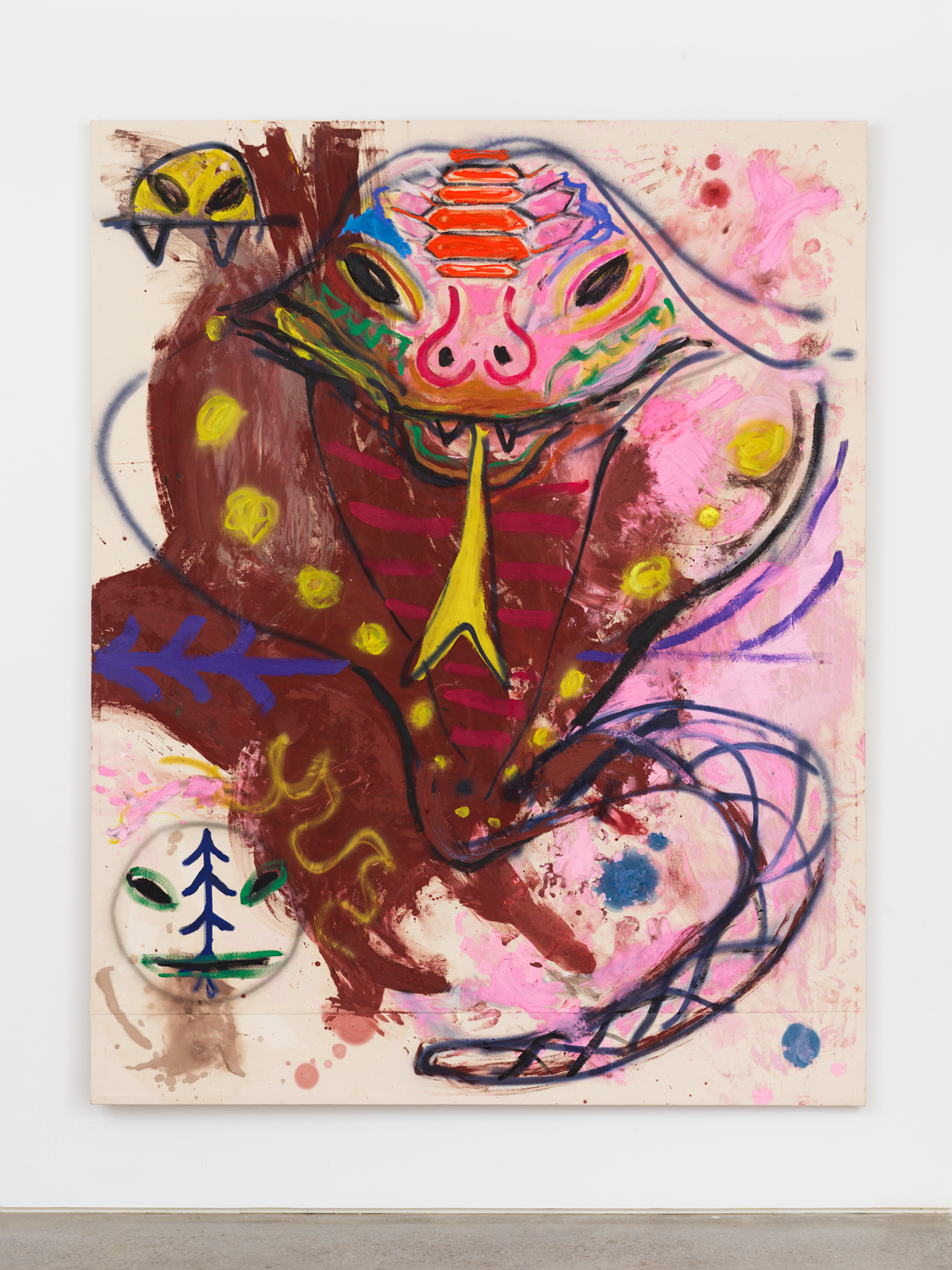 Bill Saylor, Disintegrating Cobra, 2019, Oil, chalk, and spray paint on raw canvas, 84h x 66w in.