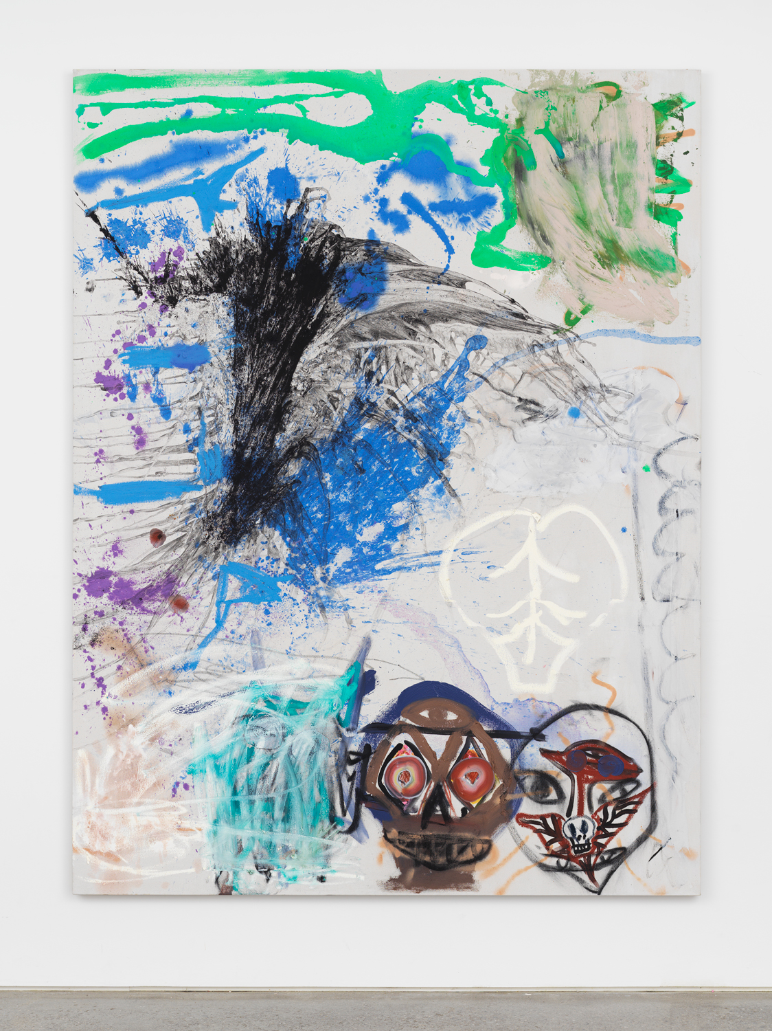 Bill Saylor, Double Overhead, 2018, Oil, charcoal, Flashe, and spray paint on canvas, 84h x 64w in.