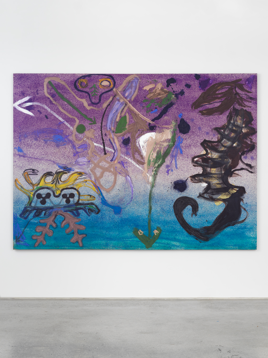 Bill Saylor, Cly-Fy, 2019, Oil, spray paint, and Flashe on canvas, 74h x 104w in.
