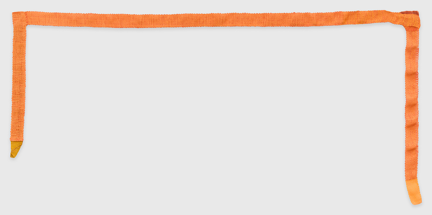 Hana Miletić, Materials, 2023, Hand-felt and hand-woven textile (apricot orange organic linen, fire orange raw wool, gold metal thread, onion-dyed repurposed polyester and organic cotton, and tangerine orange organic wool, 27 15/16 x 59 1/16 in.