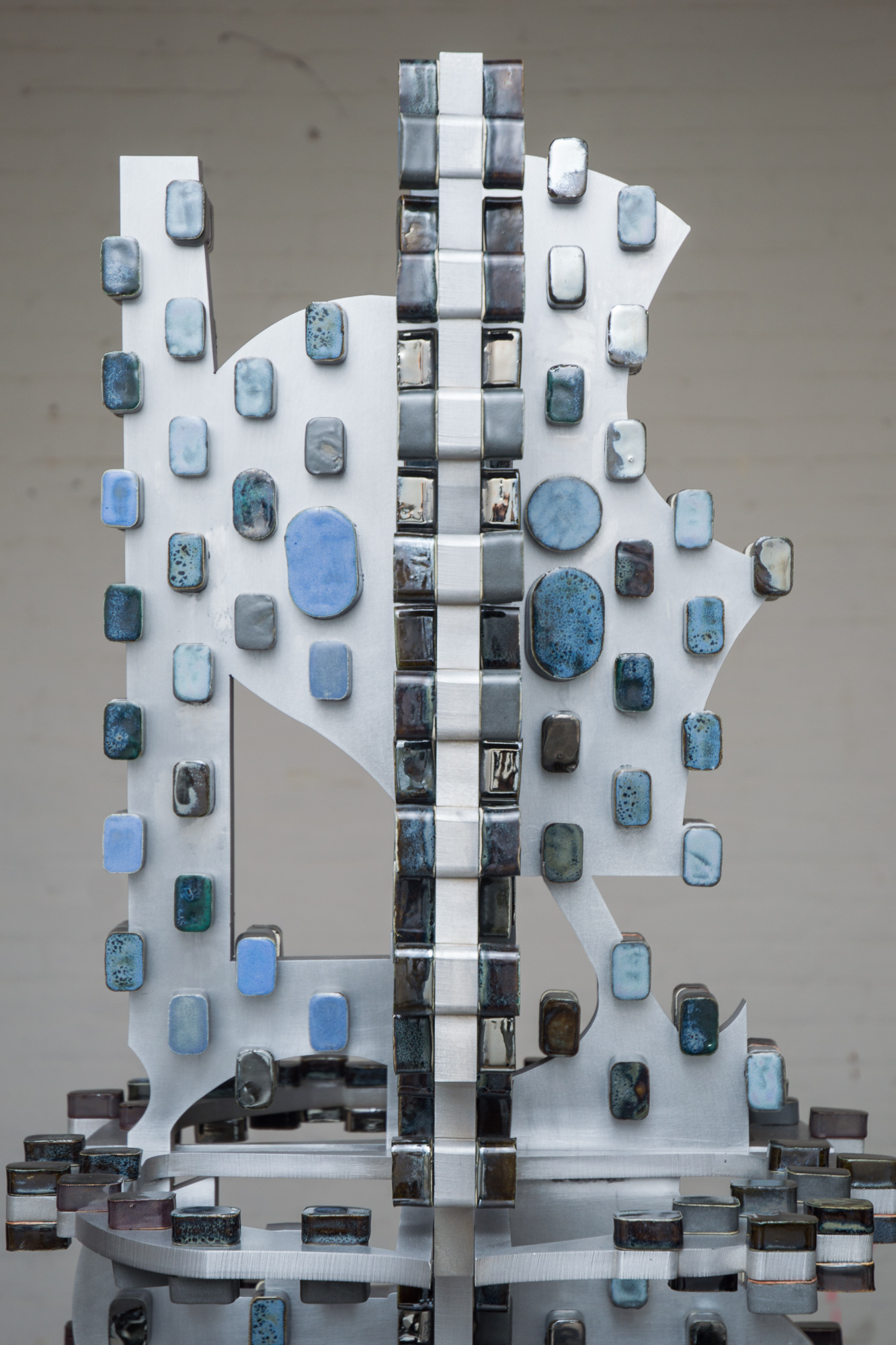 Anne Libby, Multiplexer II (detail), 2019, aluminum, glazed ceramic, 80h x 22w x 18.50d in.