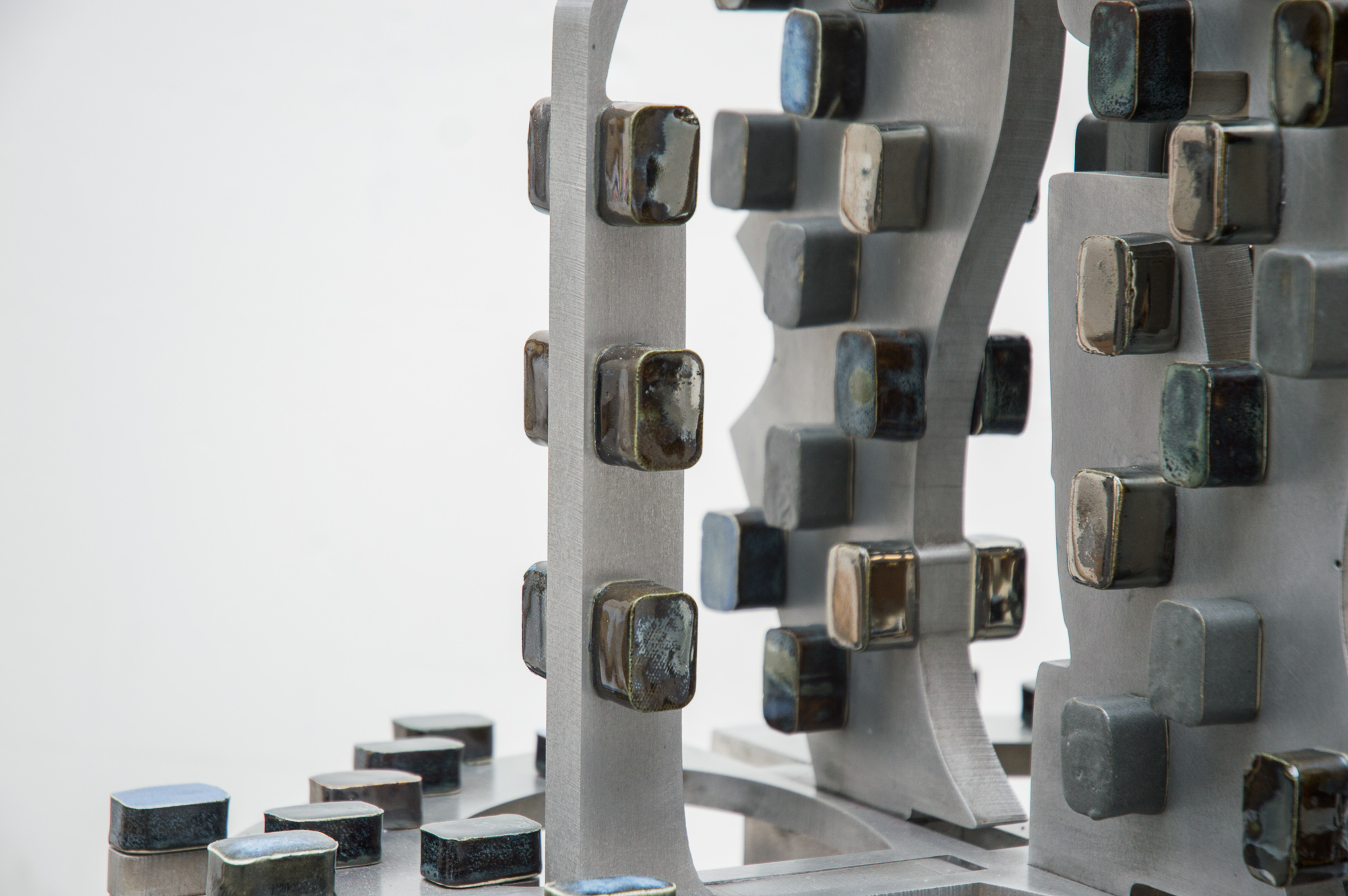 Anne Libby, Task View (detail), 2019, aluminum, glazed ceramic, 50h x 19w x 16d in.