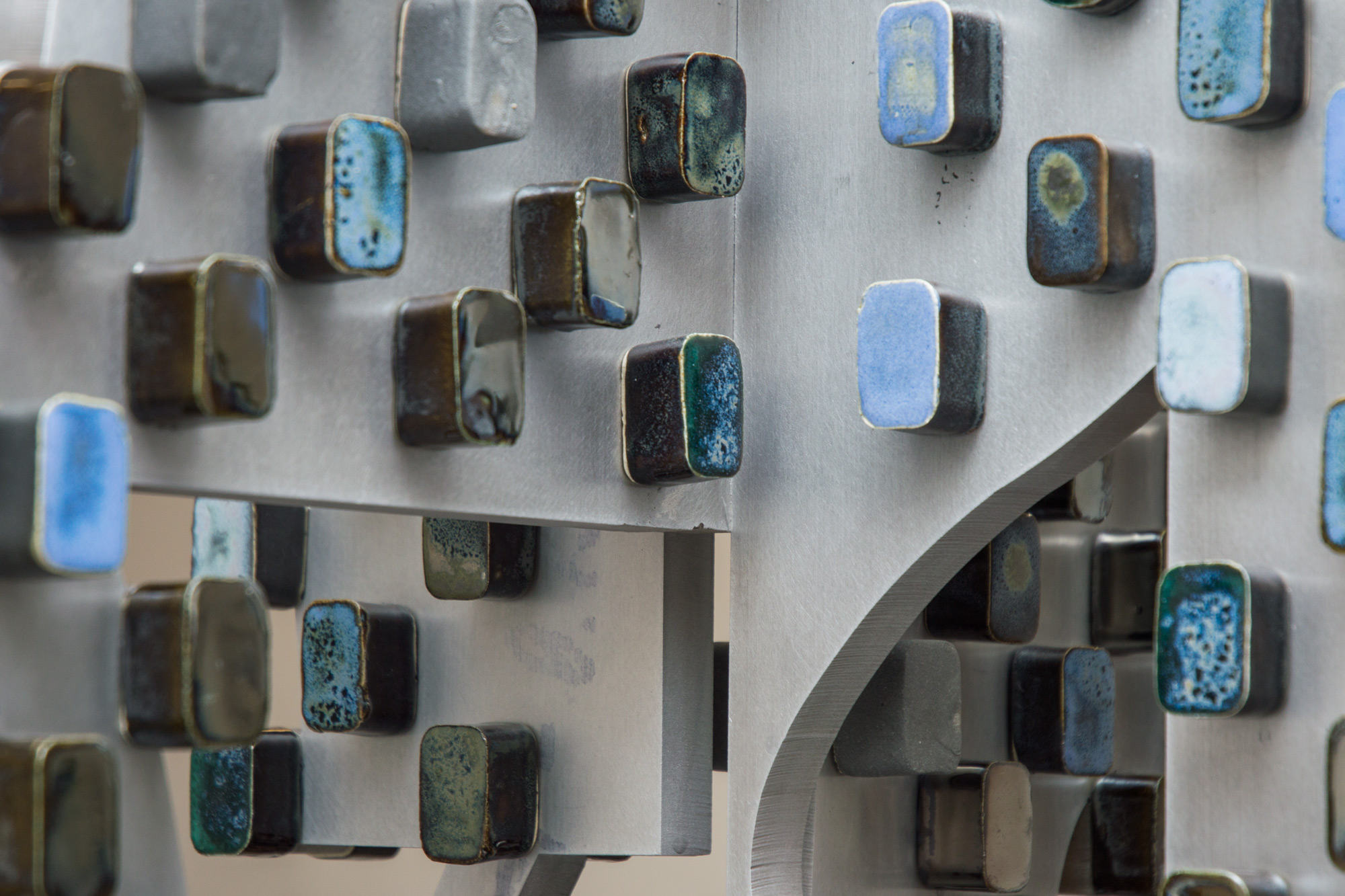 Anne Libby, Multiplexer II (detail), 2019, aluminum, glazed ceramic, 80h x 22w x 18.50d in.