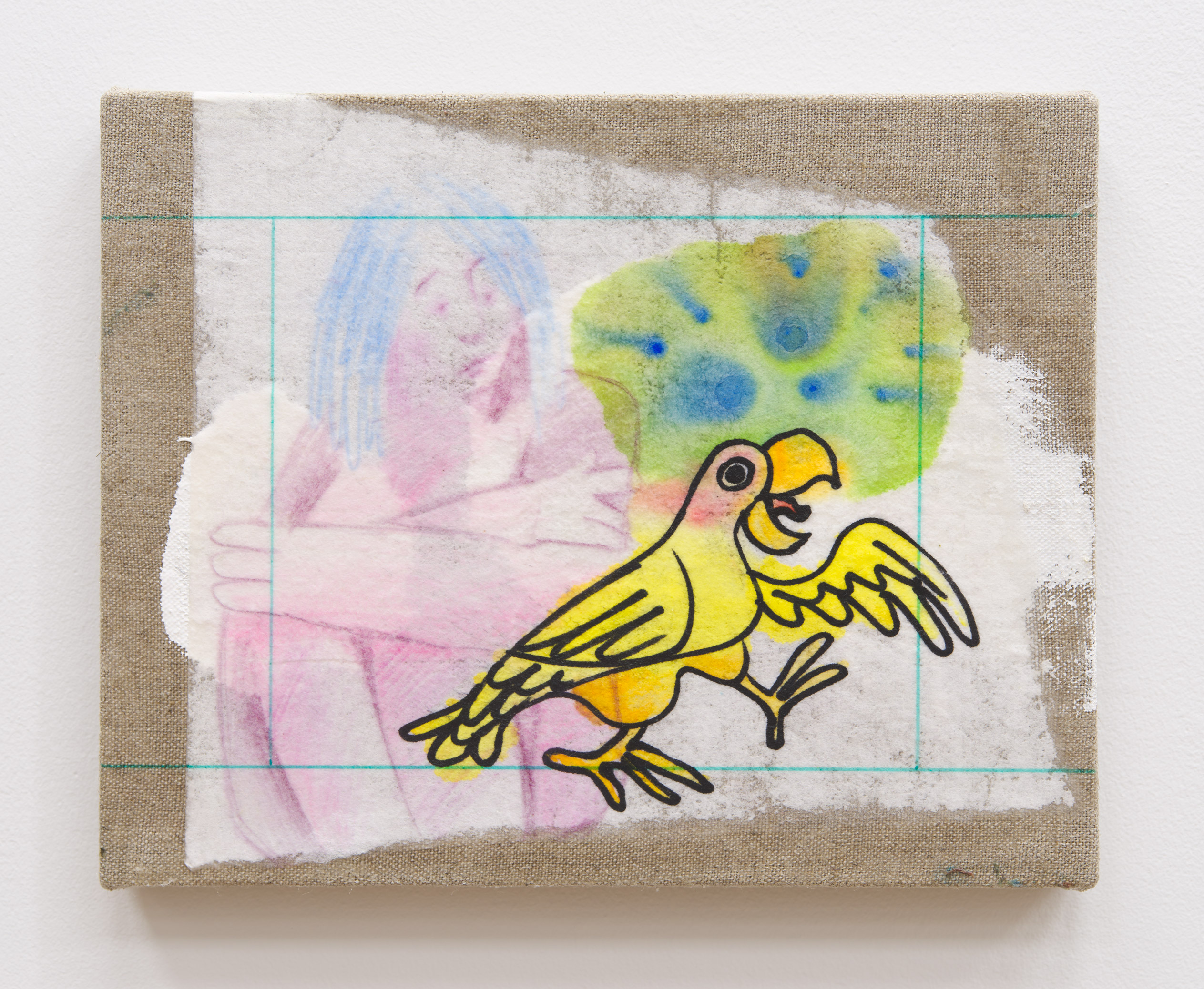Daniel Boccato, parrotpainting, 2020, Colored pencil, felt tip marker, gesso, ink, linen, paper, pva adhesive, watercolor, wood, 8 x 10 x 1 in.
