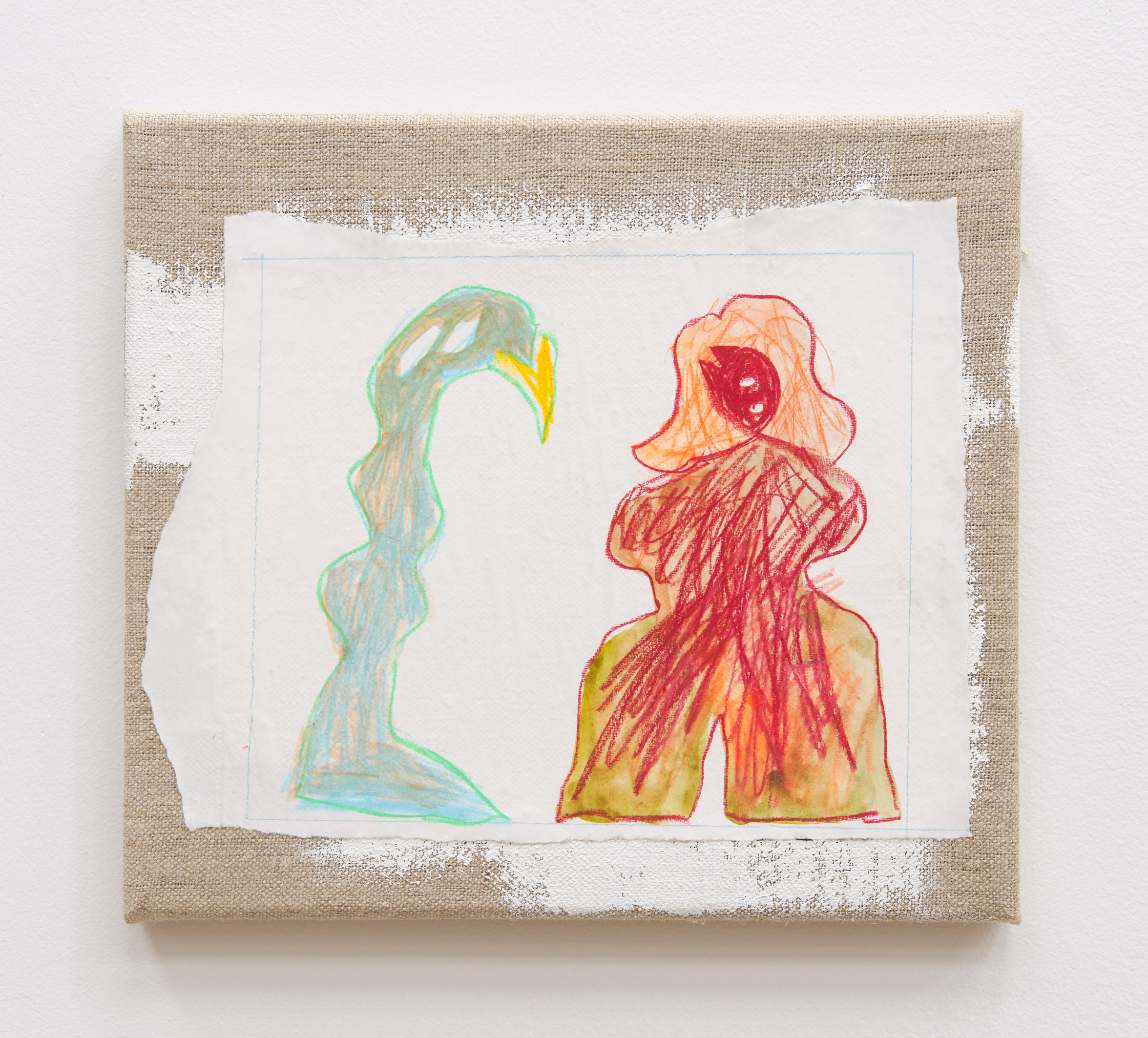 Daniel Boccato, parrotpainting, 2021, Colored pencil, gesso, linen, paper, pva adhesive, watercolor, wood, 9 x 10 x 1 in.