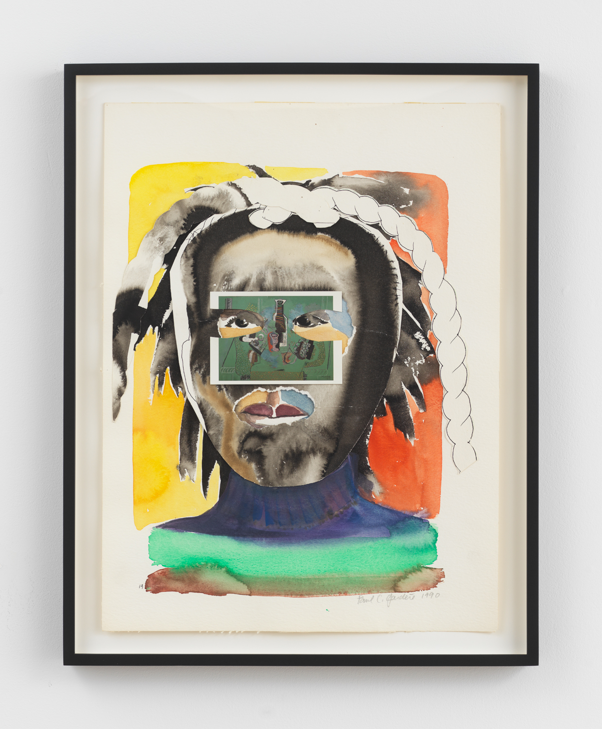 Paul Gardère, Gazing Through History, 1990, Watercolor, ink, postcard, and collage on paper, Unframed: 24 x 18 in., Framed: 27 3/16 x 21 7/16 x 1 5/8 in.