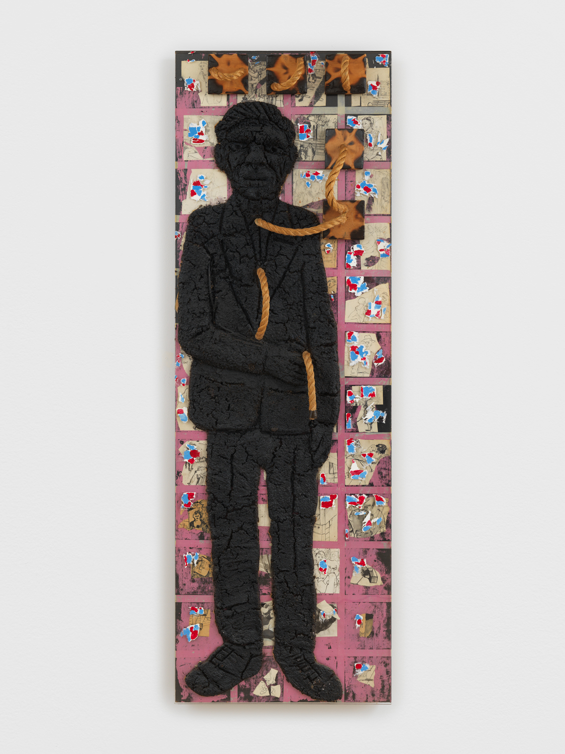 Paul Gardère, Staring Ahead, Looking Back, 1990, Acrylic, mud, collage, rope, glitter, and mixed media on plexiglass and wood, 72 x 24 x 4 in.