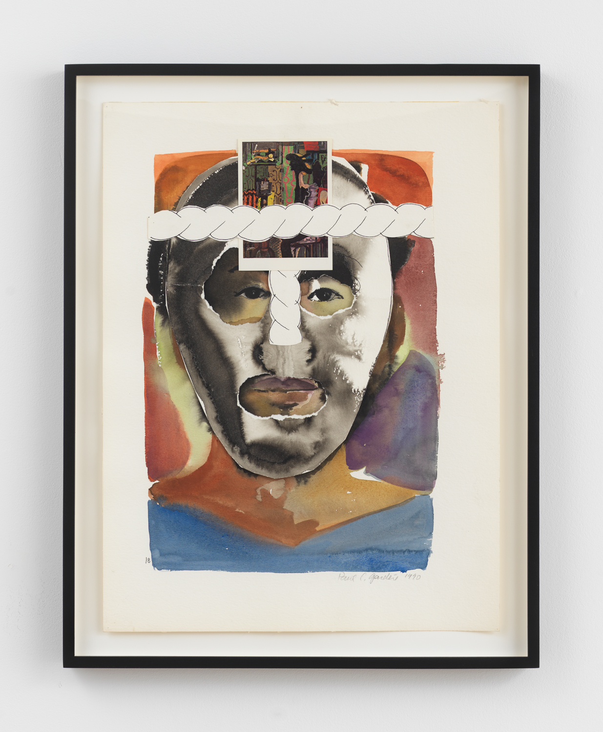 Paul Gardère, Culture King, 1990, Watercolor, ink, postcard, and collage on paper, Unframed: 24 x 17 15/16 in., Framed: 27 3/16 x 21 7/16 x 1 5/8 in.