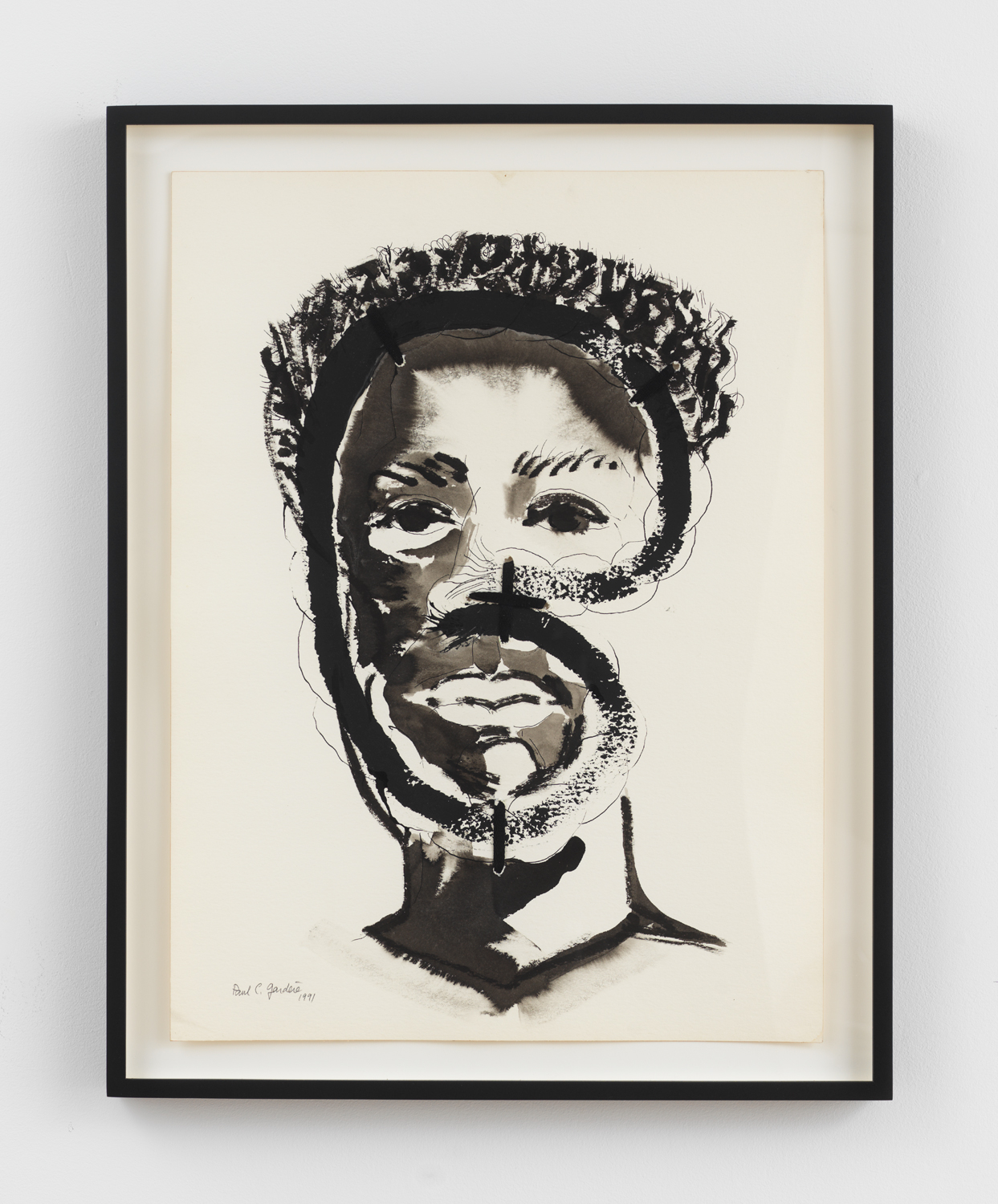 Paul Gardère, Untitled (Heads No. 62), 1991, Ink and watercolor on paper with shoelaces, Unframed: 24 x 18 in., Framed: 27 3/16 x 21 7/16 x 1 5/8 in.