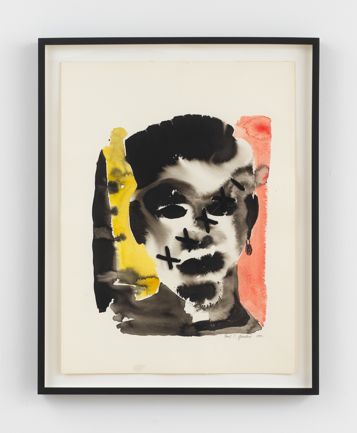 Paul Gardère, Untitled (Heads No. 61), 1991, Watercolor and gouache on paper with shoelaces, Unframed: 24 x 18 in., Framed: 27 3/16 x 21 7/16 x 1 5/8 in.