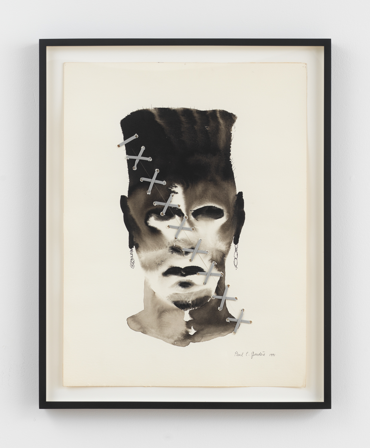 Paul Gardère, Untitled (Heads No. 03), 1991, Ink and shoelaces on paper, Unframed: 24 x 17 15/16 in., Framed: 27 3/16 x 21 7/16 x 1 5/8 in.
