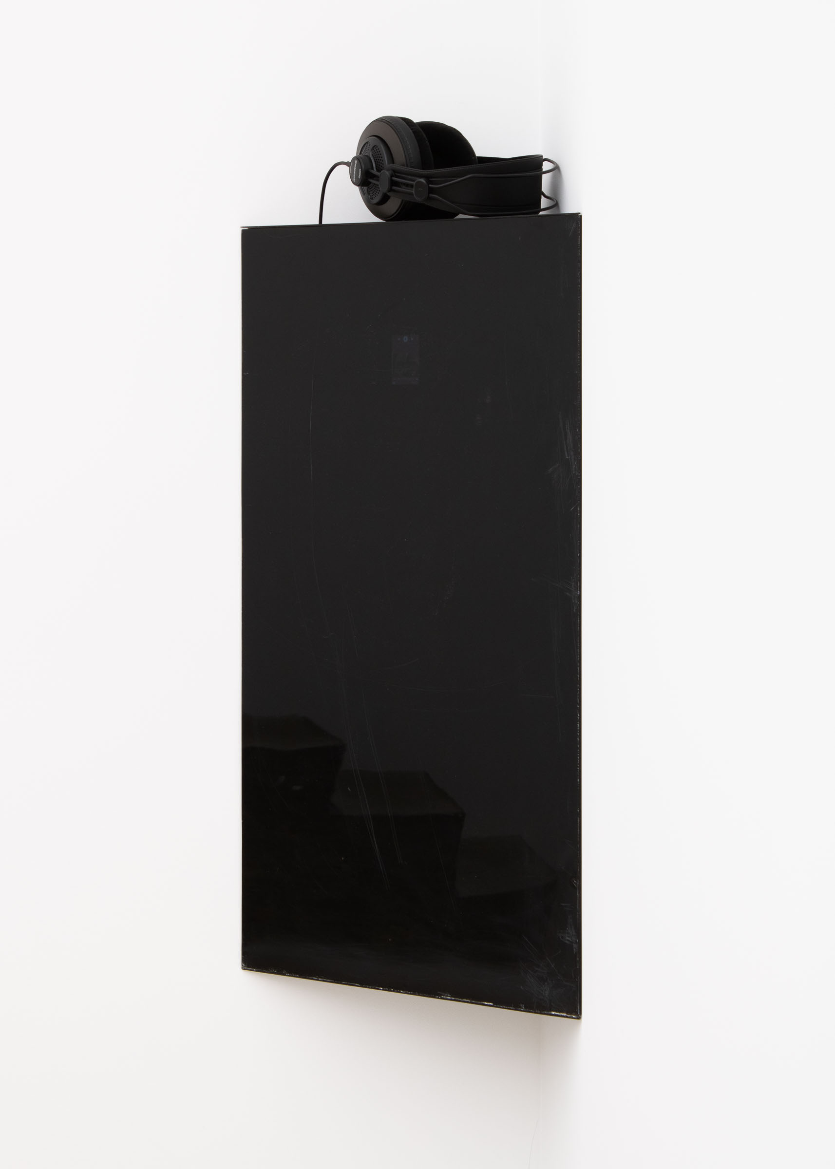 Liza Lacroix, Robert J. for L.L. (side view), 2023, Plexi, mp3 player, headphones, audio recording 11 min 1 sec, 30 x 17 1/4 x 8 1/2 in.