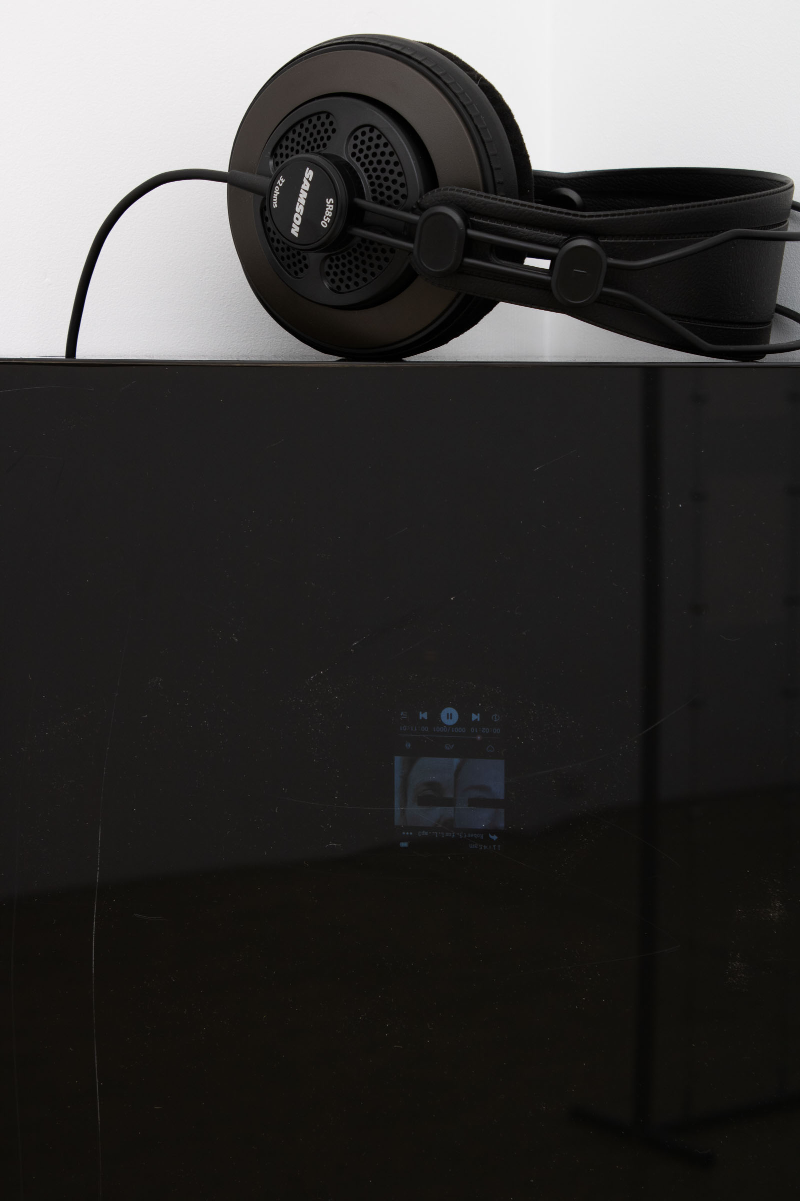 Liza Lacroix, Robert J. for L.L. (detail), 2023, Plexi, mp3 player, headphones, audio recording 11 min 1 sec, 30 x 17 1/4 x 8 1/2 in.
