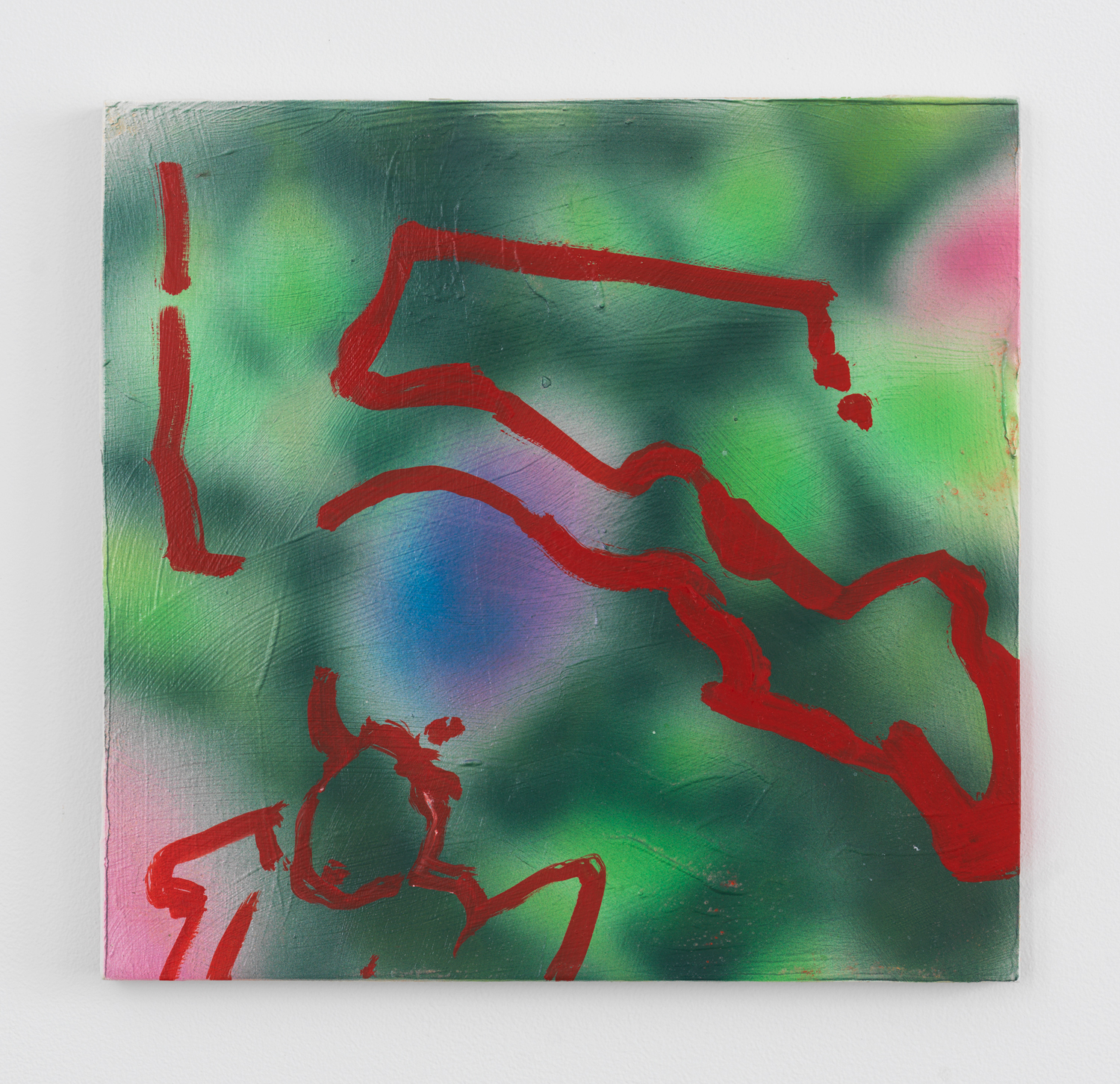 Rachel Rossin, Blurry Background, Red Scaffolding, 2021, Enamel and acrylic on panel, 11 5/8 x 11 5/8 in.