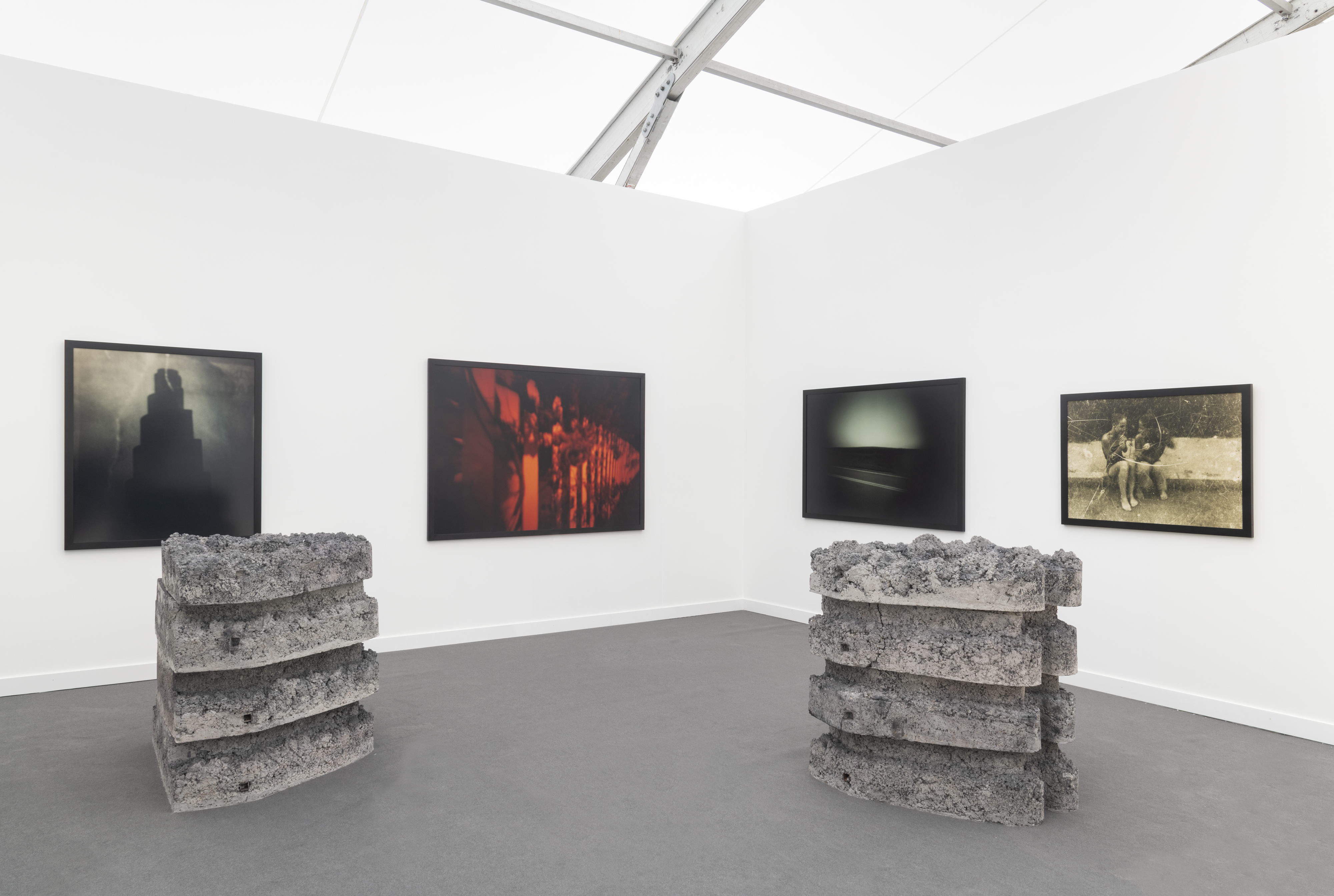 Floor sculptures:
Tiril Hasselknippe, Balcony (brystkasse) (left), 2018, cast concrete, 40h x 34w x 41d in.  Tiril Hasselknippe, Balcony (ribbevegg) (right), 2018, cast concrete, 40h x 34w x 41d in.