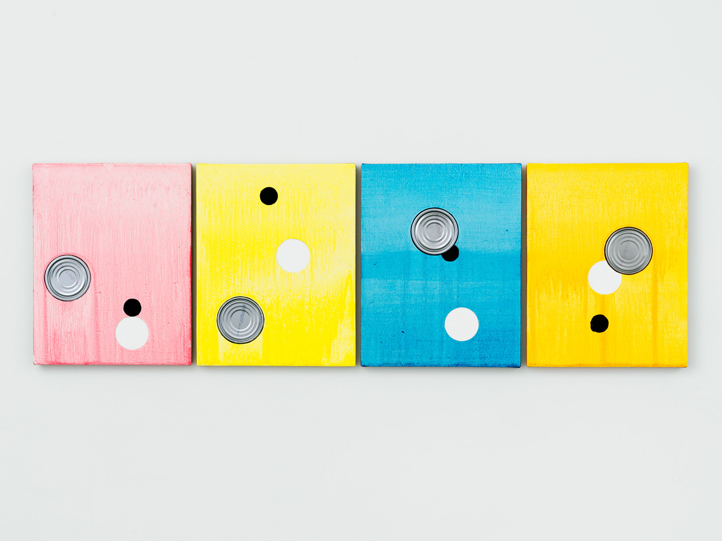 Alex Kwartler, Chord, 2019, oil, acrylic, and aluminum can on linen, each panel: 14h x 11w in; overall: 14h x 45.125w in.