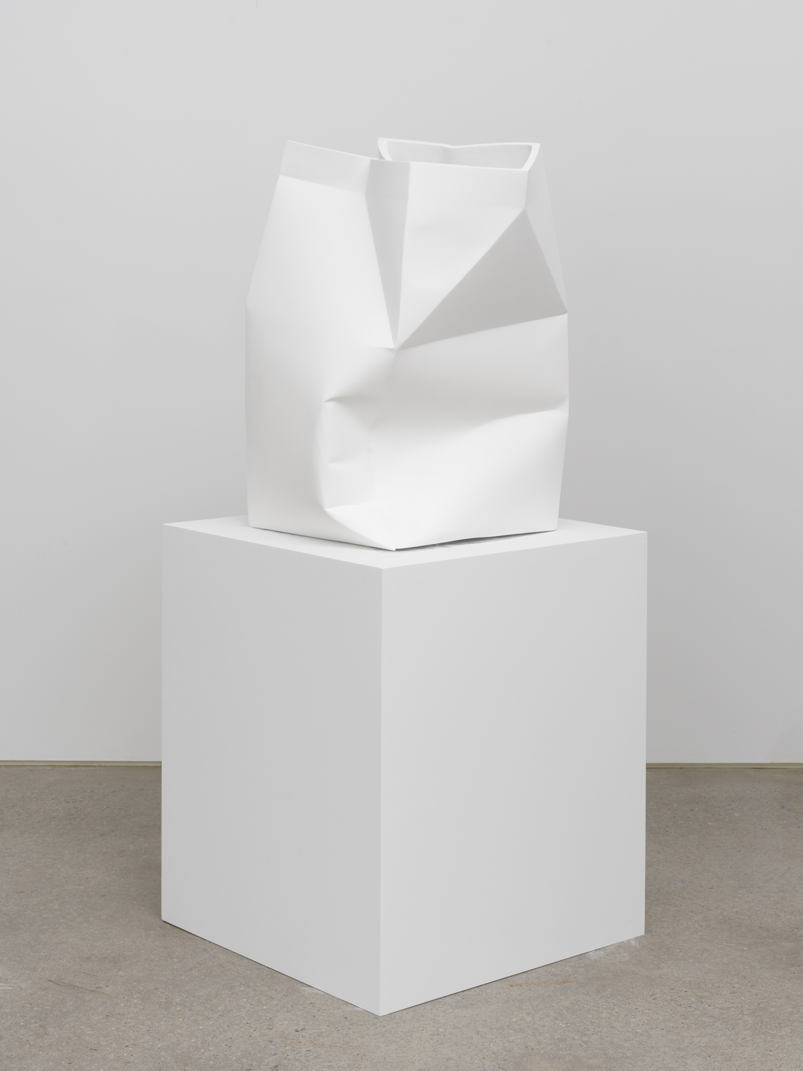 Nathaniel Robinson, Carton (1), 2019, fiberglass-reinforced gypsum cement, paint, sculpture: 27h x 18w x 18d in; plinth: 28h x 24w x 24d in; overall: 55h x 24w x 24d in.