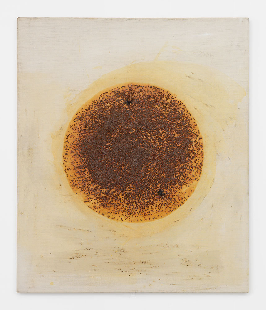 Georg Herold, Untitled (Caviar), 1989, caviar, lacquer, cigarettes on linen, 38h x 32w in.