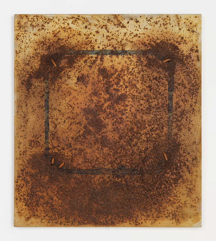 Georg Herold, Untitled (Caviar), 1989, caviar, lacquer, cigarettes, metal, thread on linen, 38h x 32w in.