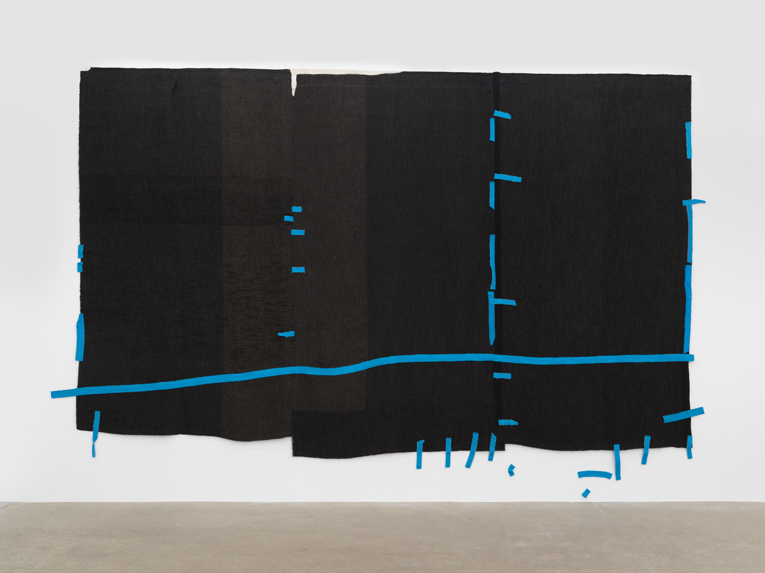 Hana Miletić, Materials, 2025, Hand-woven textile (black cottolin, black mercerised cotton, black organic wool, black paper yarn, black rubberised linnen, bright blue repurposed polyester, dark gold mercerised cotton, ice blue acrylic, sky blue recycled polyester, white peace silk, and white raw wool), 118 1/8 x 162 3/16 x 13/16 in.