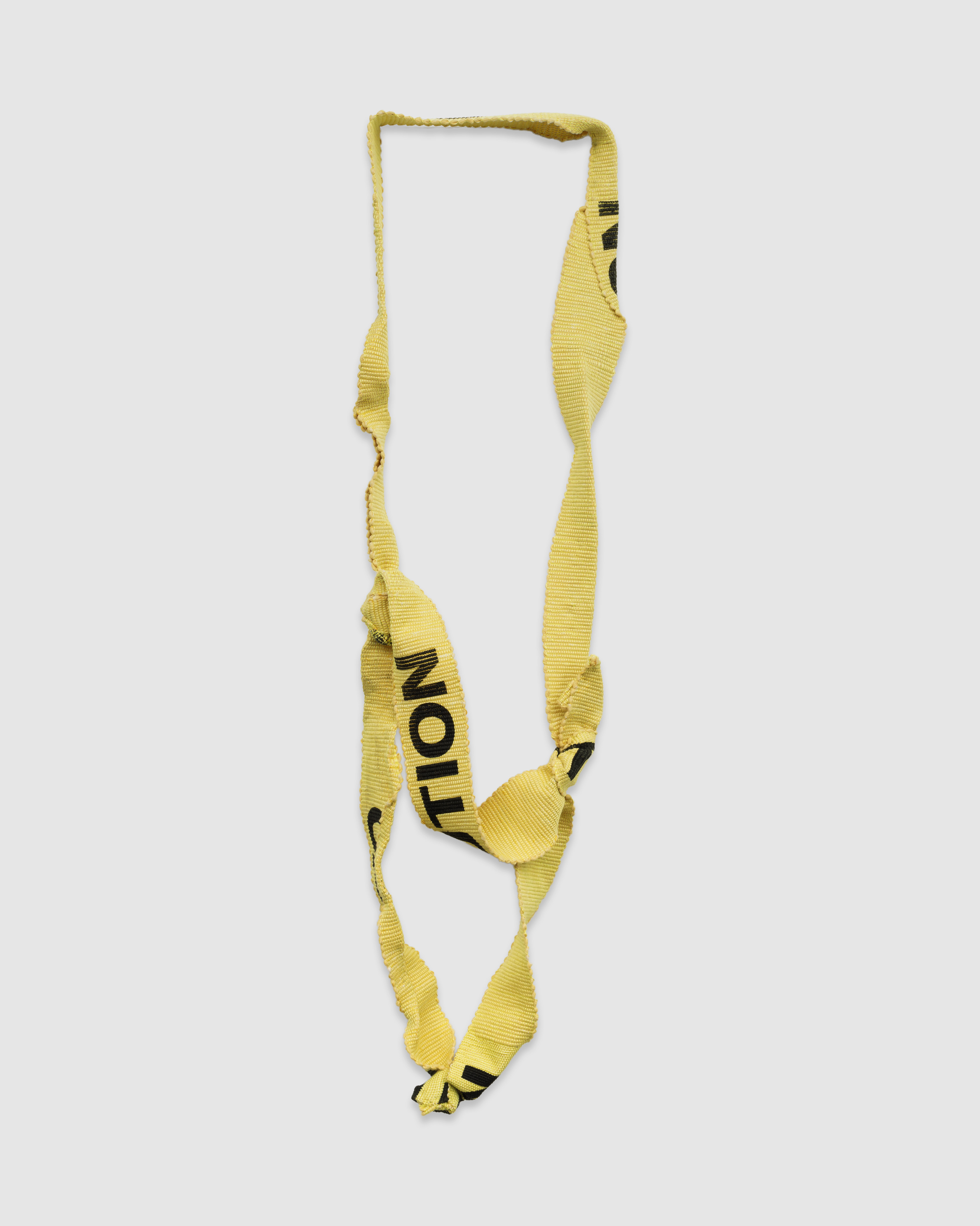 Hana Miletić, Materials, 2025, Hand-woven and silk-screened textile (pale yellow repurposed t-shirt yarn, pale yellow cotton, yellow cotton and variegated yellow organic cotton), 38 9/16 x 11 13/16 x 3 15/16 in.