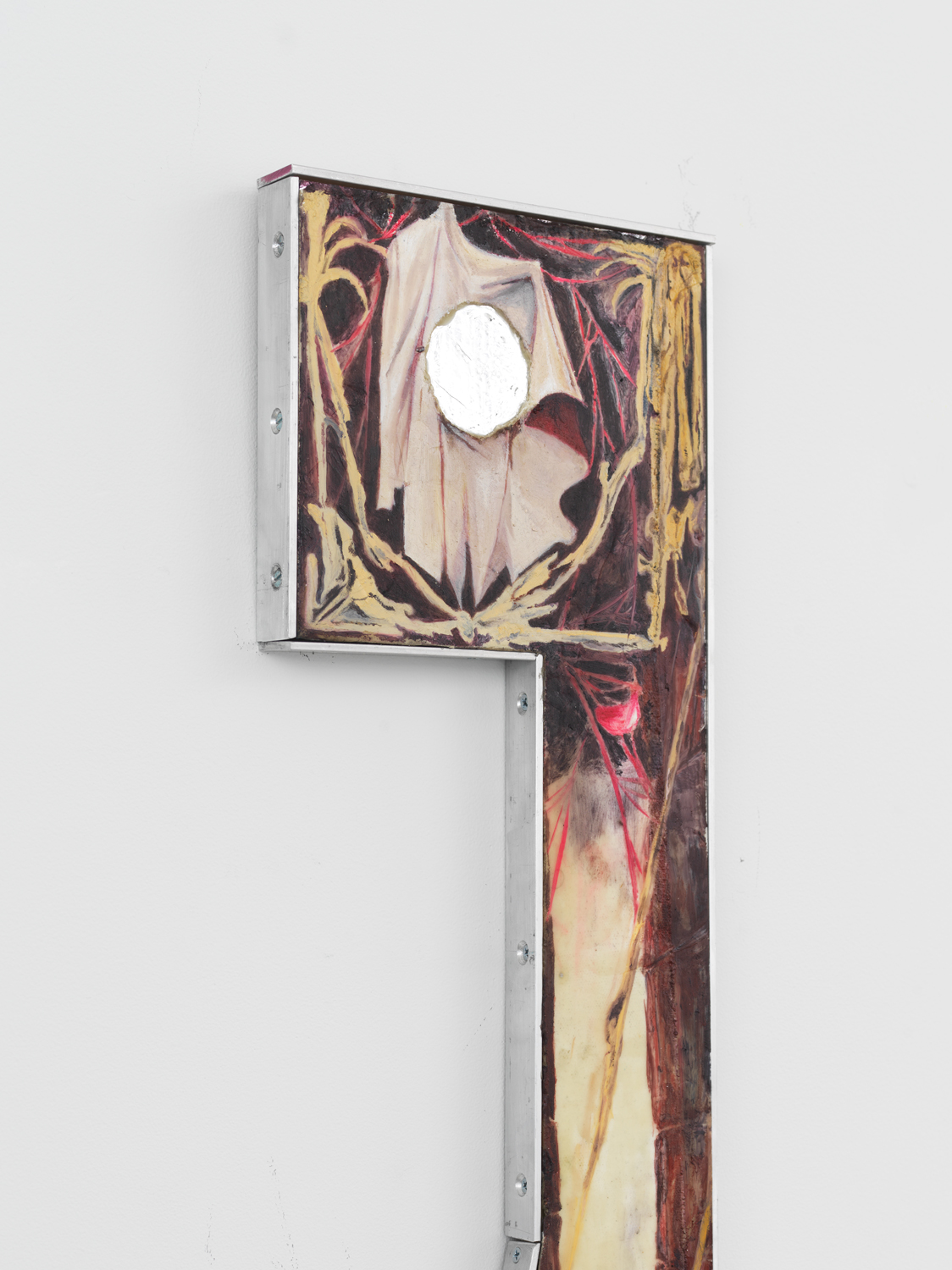 Nikholis Planck, Tight Window Bar Perspective (study with microphone flight) detail, 2019, water soluble oil and mylar on wax on canvas mounted to sintra in aluminum artist frame, 55h x 7.38w x 1d in.