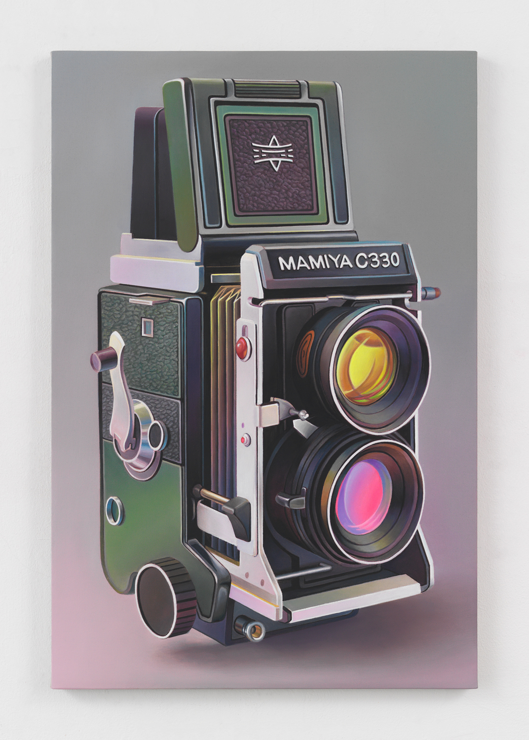 Chason Matthams, Untitled (Mamiya C330, green/magenta/yellow), 2022, Oil on linen, 30 x 20 in.