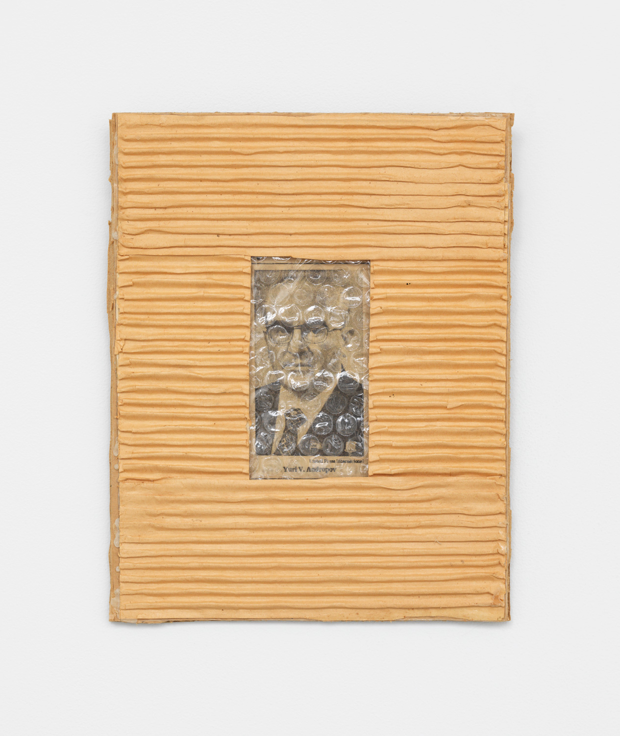 Peter Nagy, Yuri V. Andropov, 1983, corrugated cardboard, bubble wrap and newspaper clipping, 9h x 7w in.