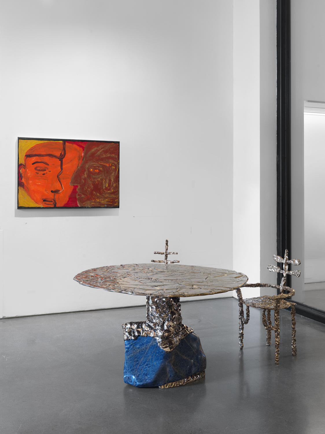 Installation view, Independent, Magenta Plains, New York, NY, 2025. Table and chairs by Misha Kahn.