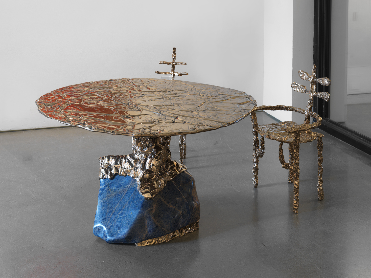 Misha Kahn, A Sponge for Electromagnetic Smog, 2020, Sodalite, bronze, 29 x 53 x 53 in.; Axolotl Remains, 2018, Bronze, 33 1/2 x 19 x 24 1/2 in.; Miss Fishy, 2016, Bronze, 35 1/2 x 16 1/2 x 15 in.