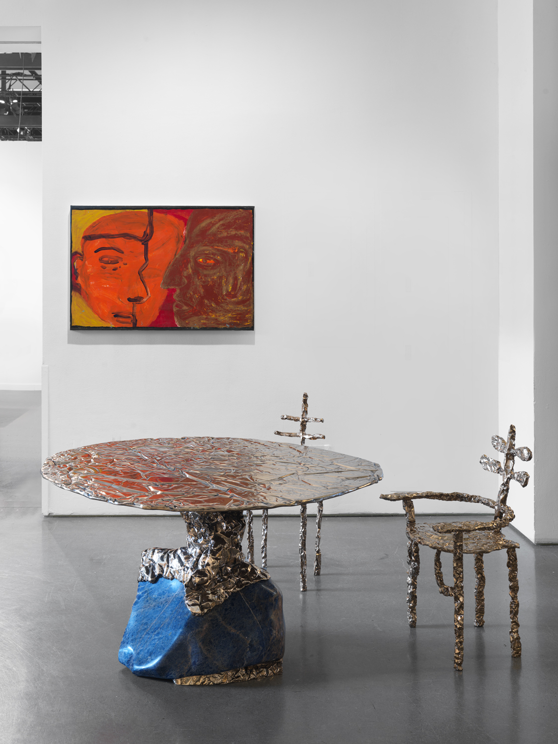 Installation view, Independent, Magenta Plains, New York, NY, 2025. Table and chairs by Misha Kahn.