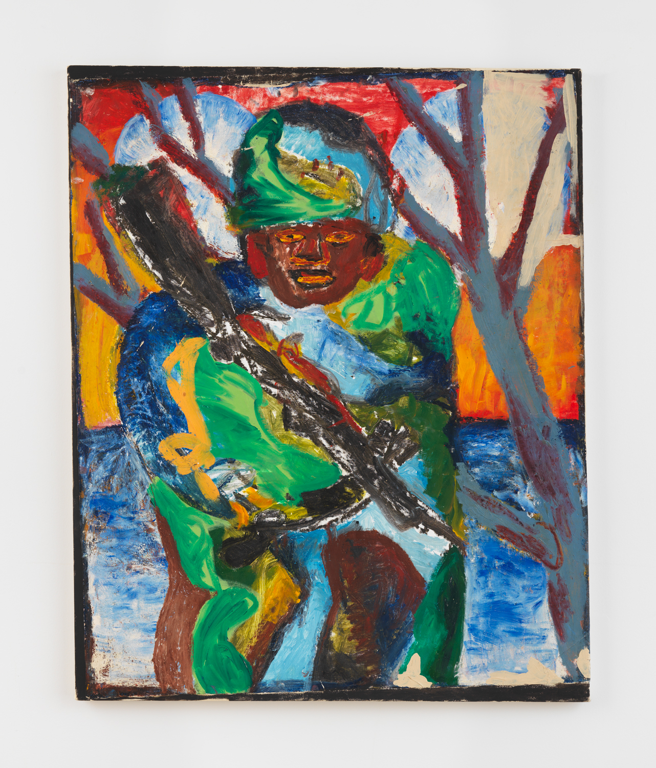 Roberto Juarez, Black G. I., 1983, Acrylic paint and oil stick on paper mounted on canvas, 52 x 42 in.