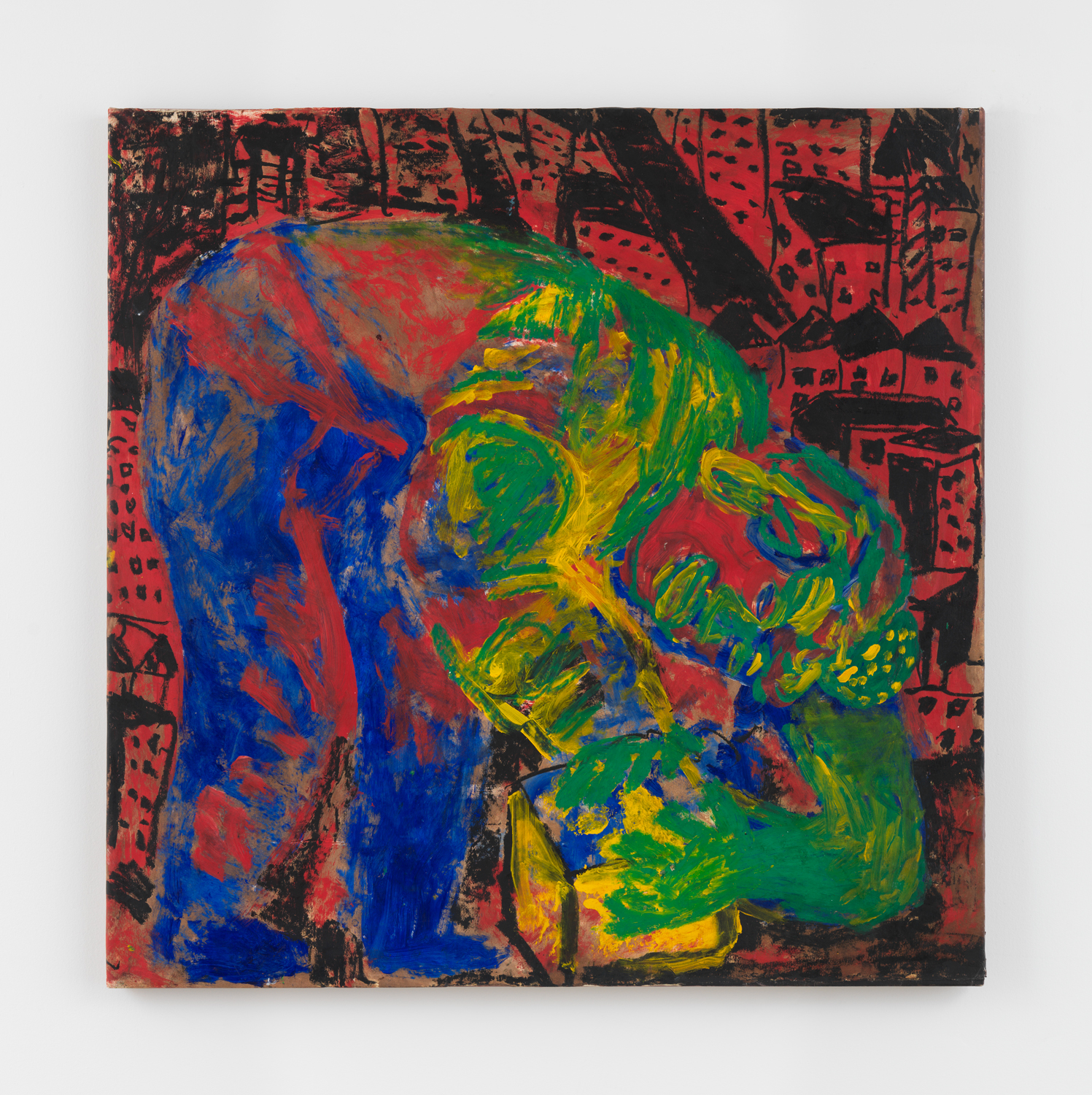 Roberto Juarez, Parrotman, 1982, Acrylic paint and oil stick on paper mounted on canvas, 42 x 42 in.