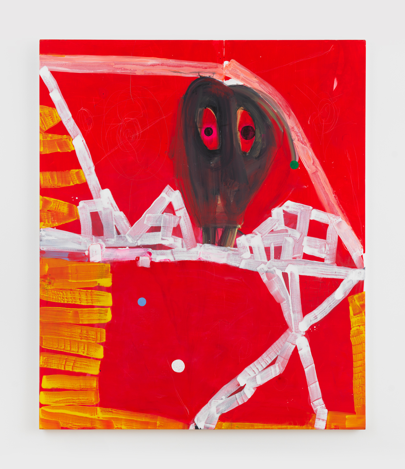 Janis Provisor, Superlover, 2025, Flashe, watercolor, water soluble oil, pen, crayon, pencil, and spray paint on linen, 74 x 62 in.