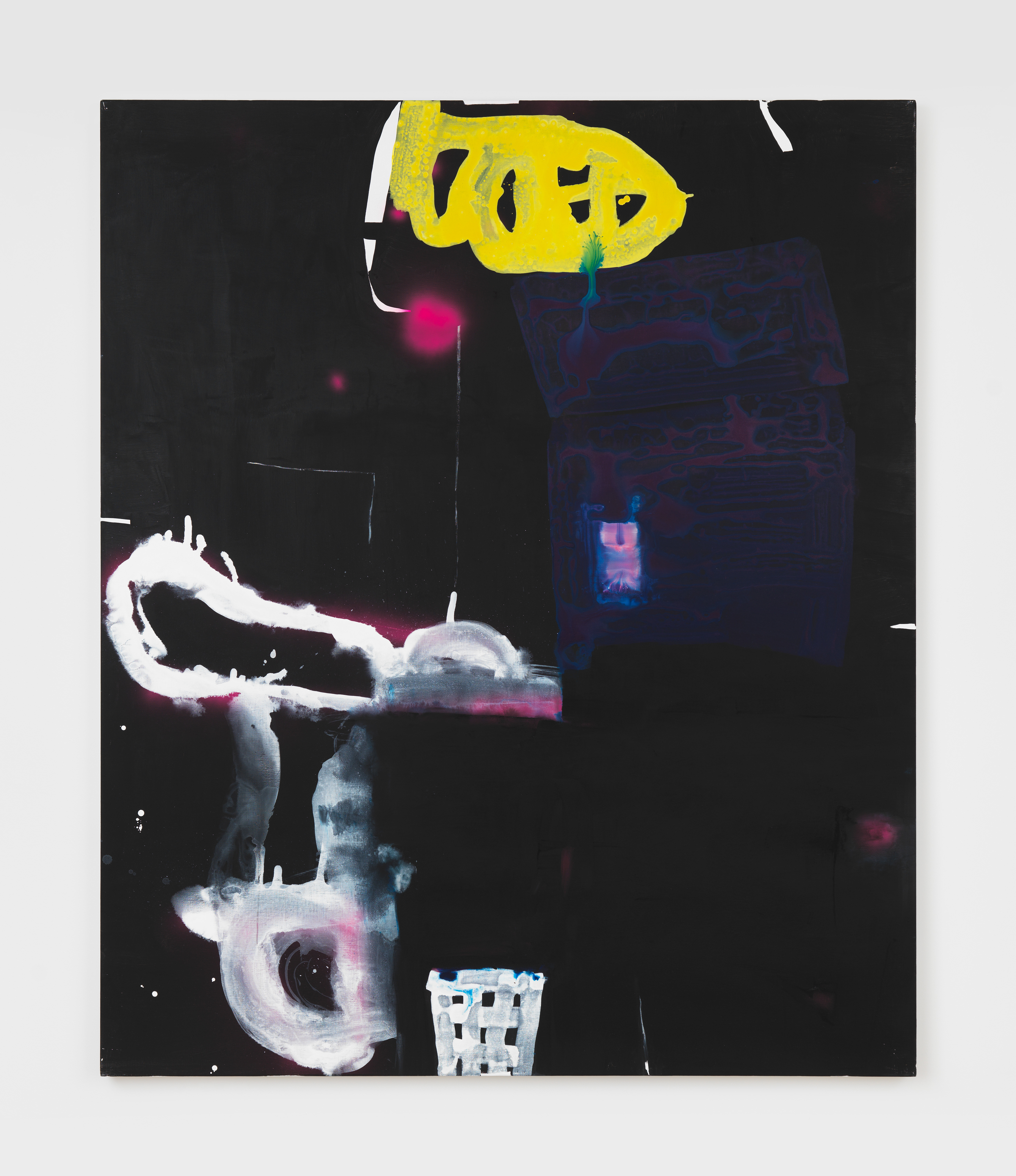 Janis Provisor, Beam Me Away Scottie, 2025, Watercolor, water soluble oil, pen, chalk, and pencil on linen, 74 x 62 in.